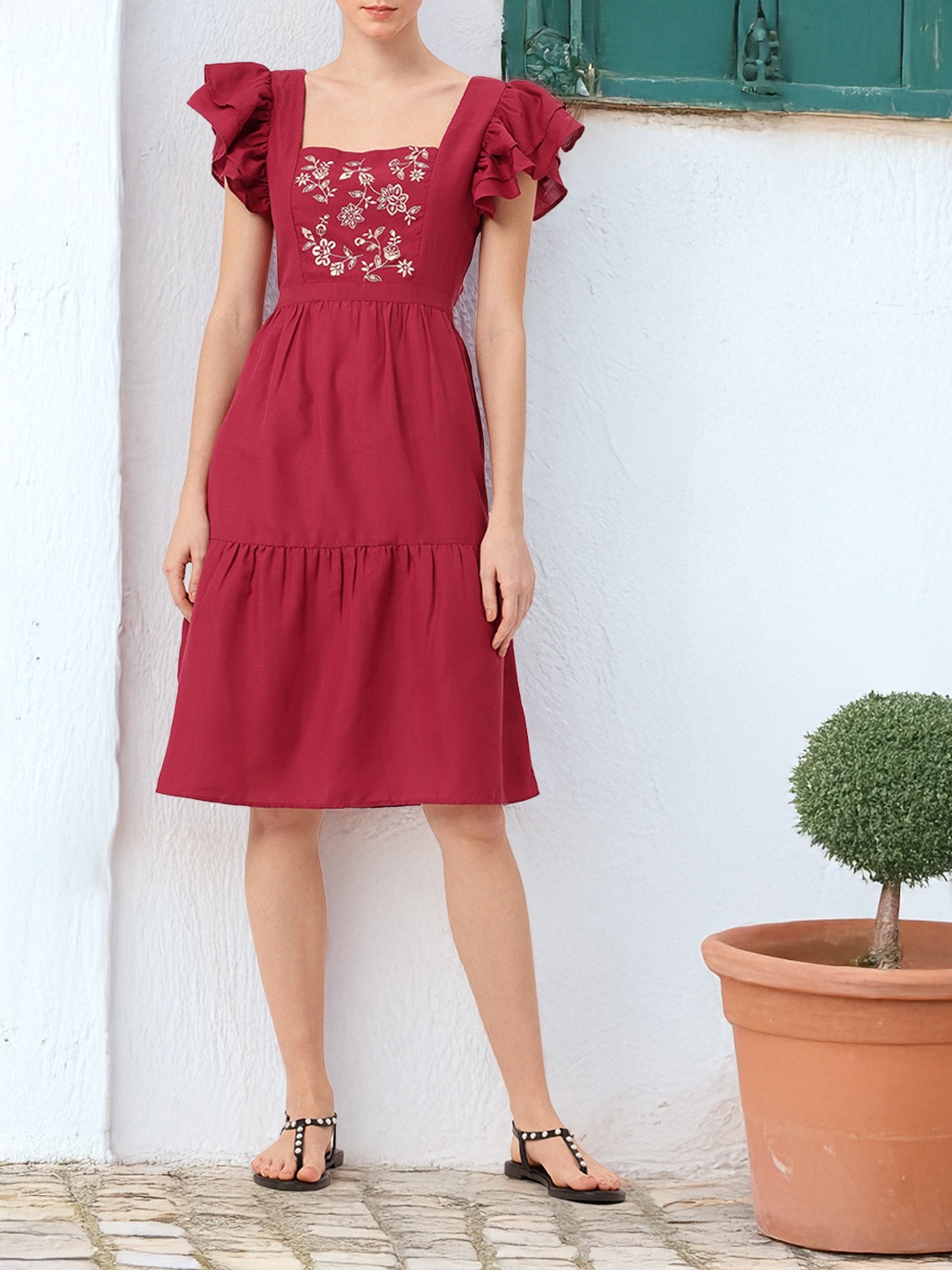 

DressBerry Girly Glam Floral Embroidered Blow Detailed A-Line Dress, Maroon