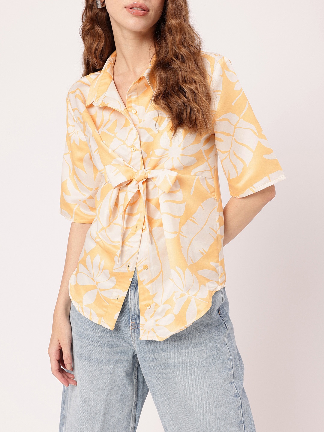 

DressBerry Summer Anthem Tropical Printed Front Tie Up Shirt, Yellow