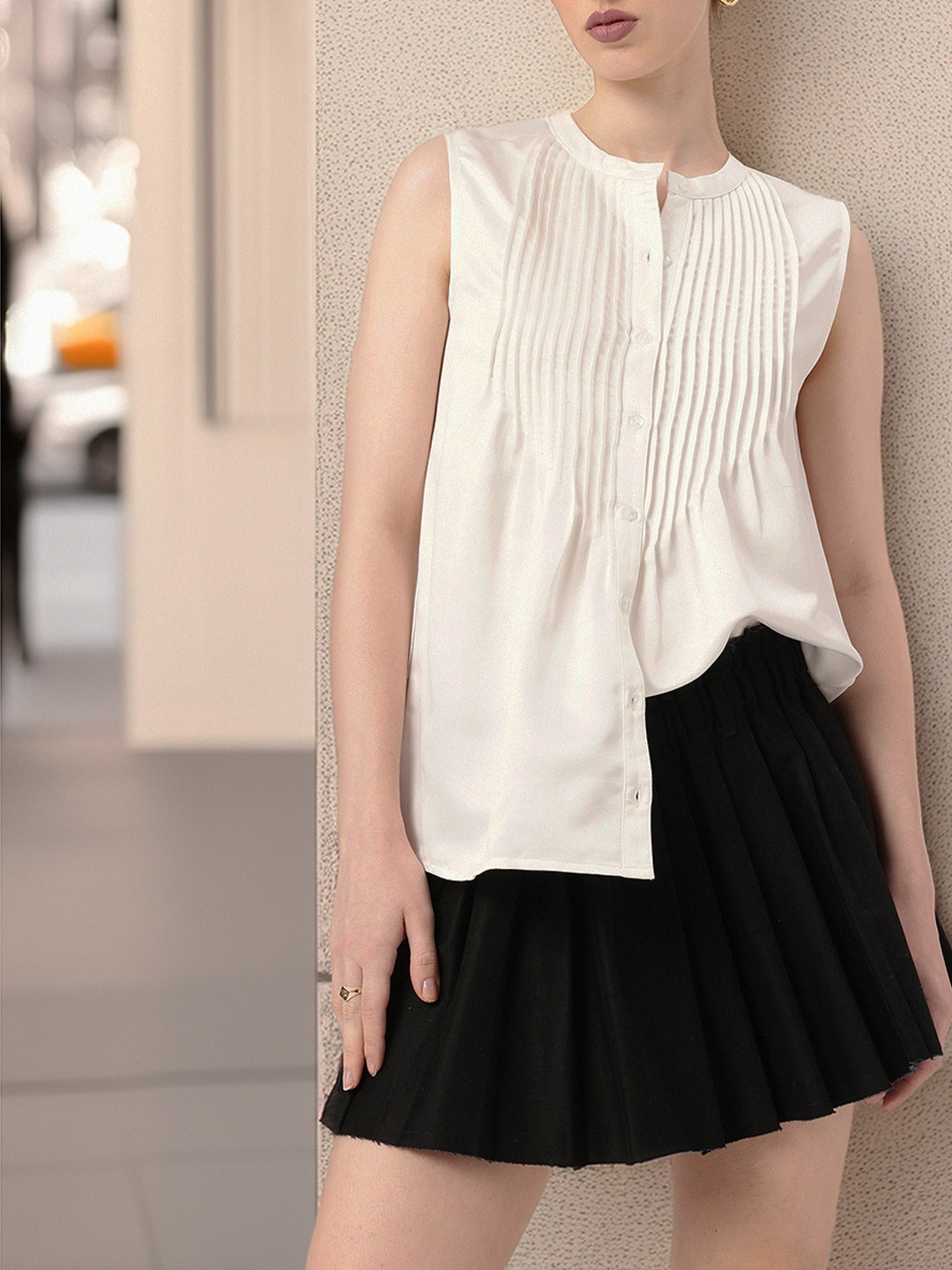 

DressBerry Boss Bae Glam Sleeveless Pleated Detail Shirt, White