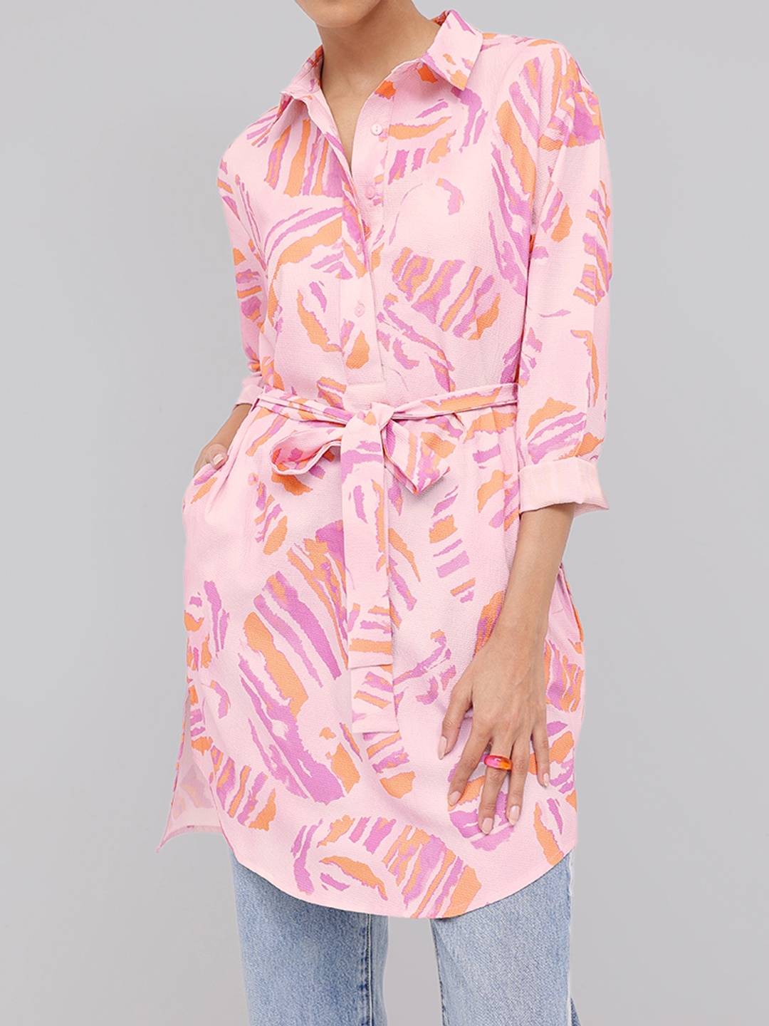 

DressBerry Heritage-Inspired Printed Waist Tie-Up Shirt Style Longline Top, Pink