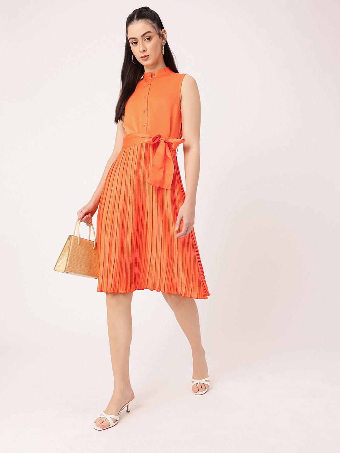 

DressBerry Satin Sophistication Accordion Pleated Bow Detailed A-line Dress, Orange