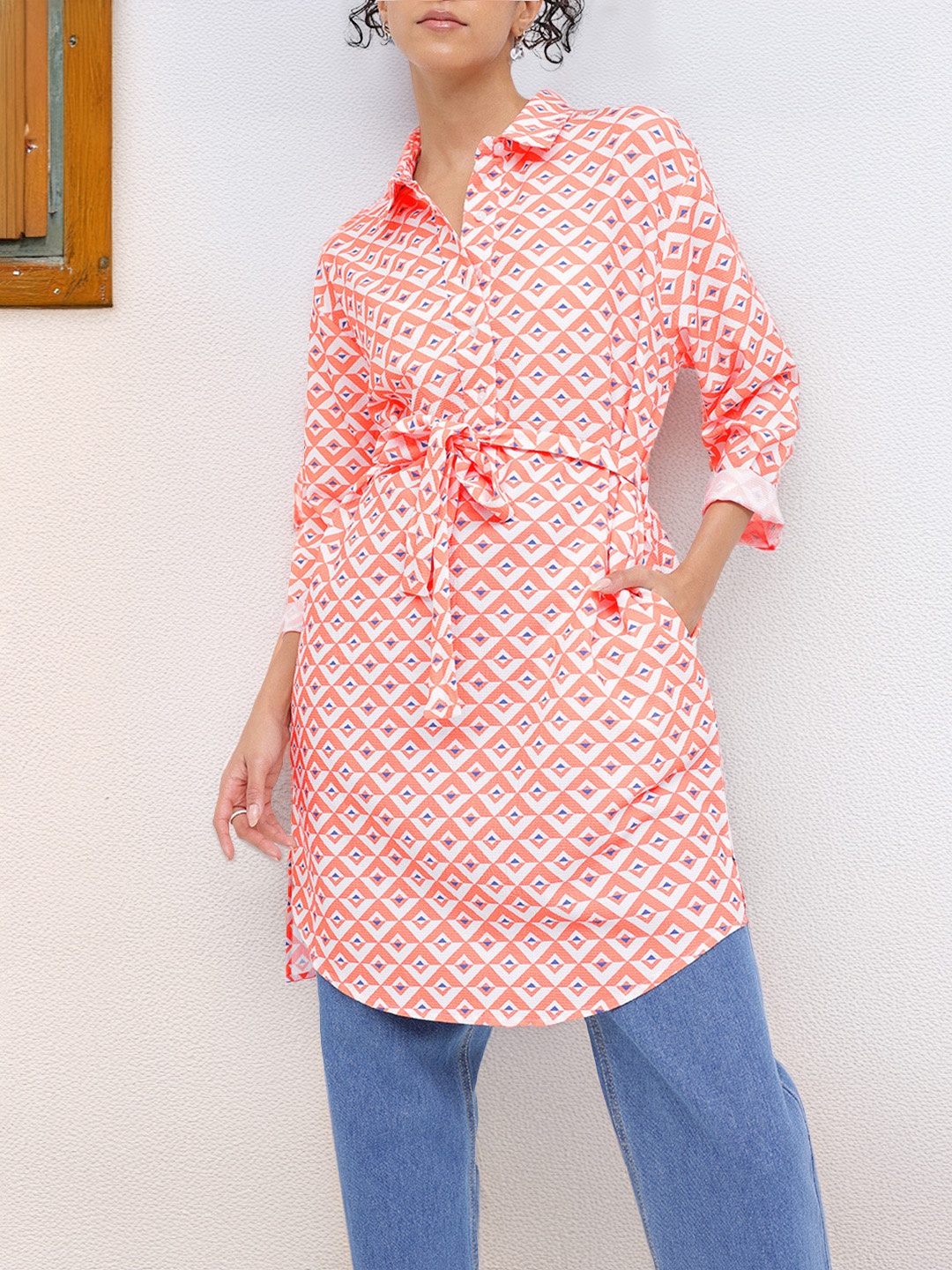 

DressBerry Trendsetter Alert Printed Shirt Collar Longline Top, Orange