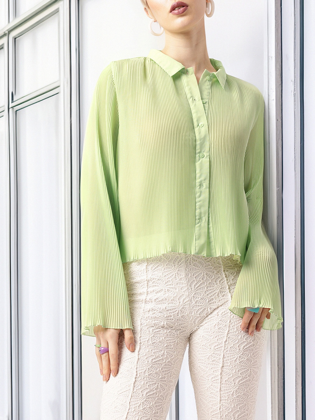 

DressBerry Retro Chic Vibe Accordion Pleats Shirt, Green