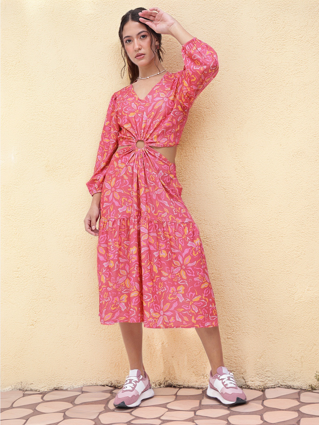 

DressBerry Boho-Chic V-Neck Floral Print Cut-Out A-line Midi Dress, Pink