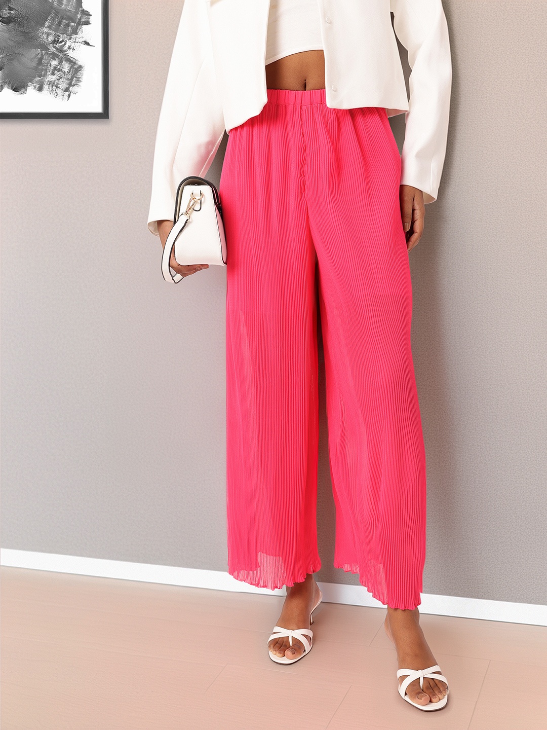 DressBerry Women Enchanting Accordion Rhythm Wide Leg Trousers, Fuchsia