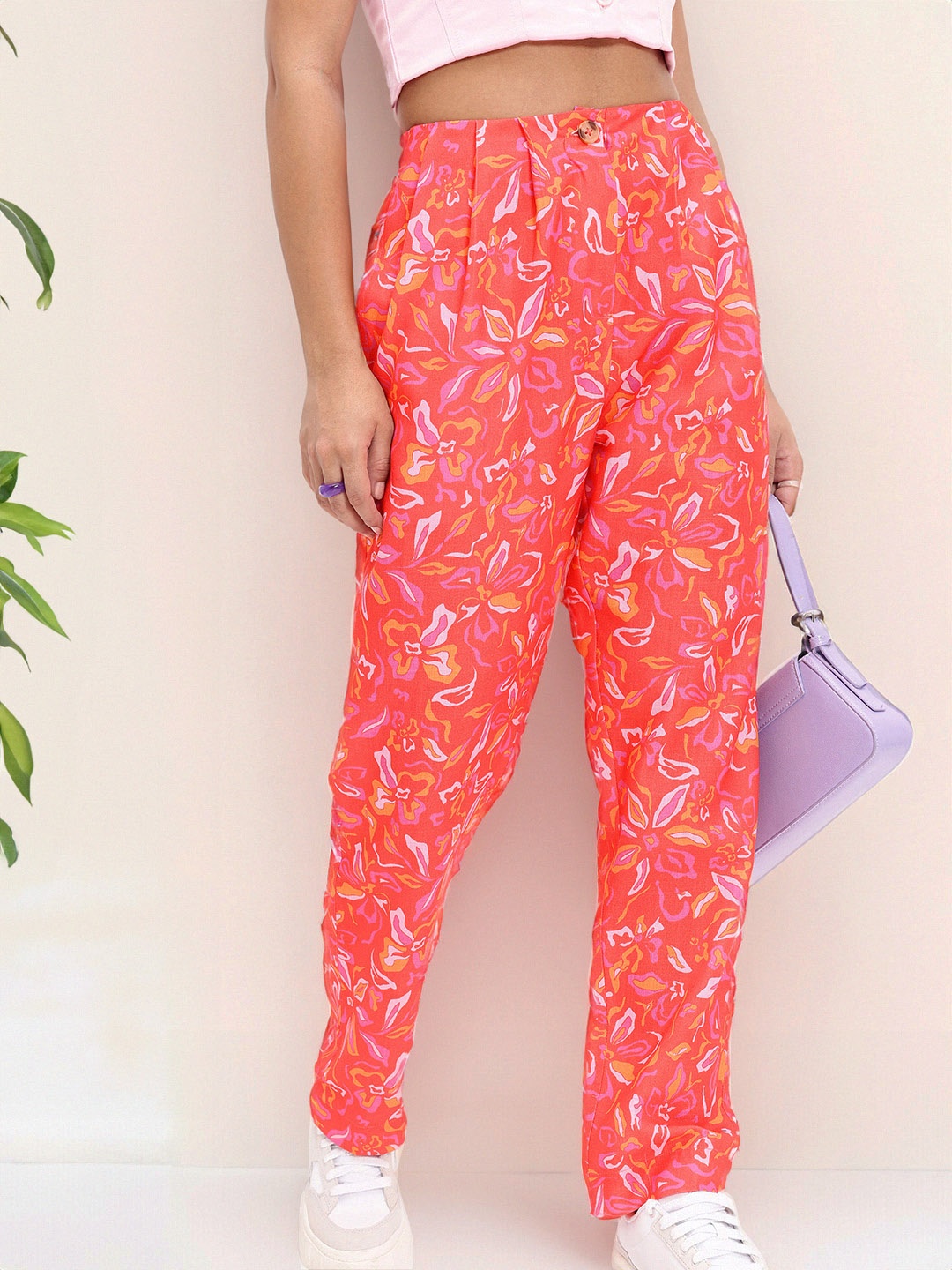 

DressBerry Women Elegant Blossom Printed Pleated Trousers, Orange