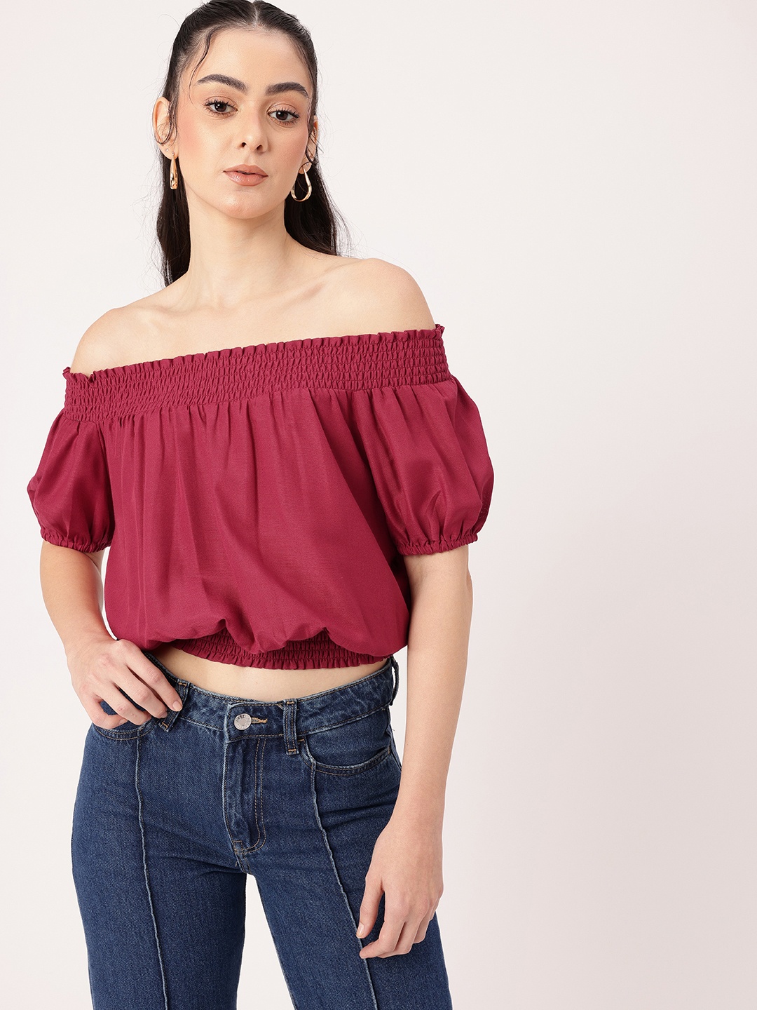 

DressBerry Boho Chic Off Shoulder Smocked Blouson Crop Top, Maroon