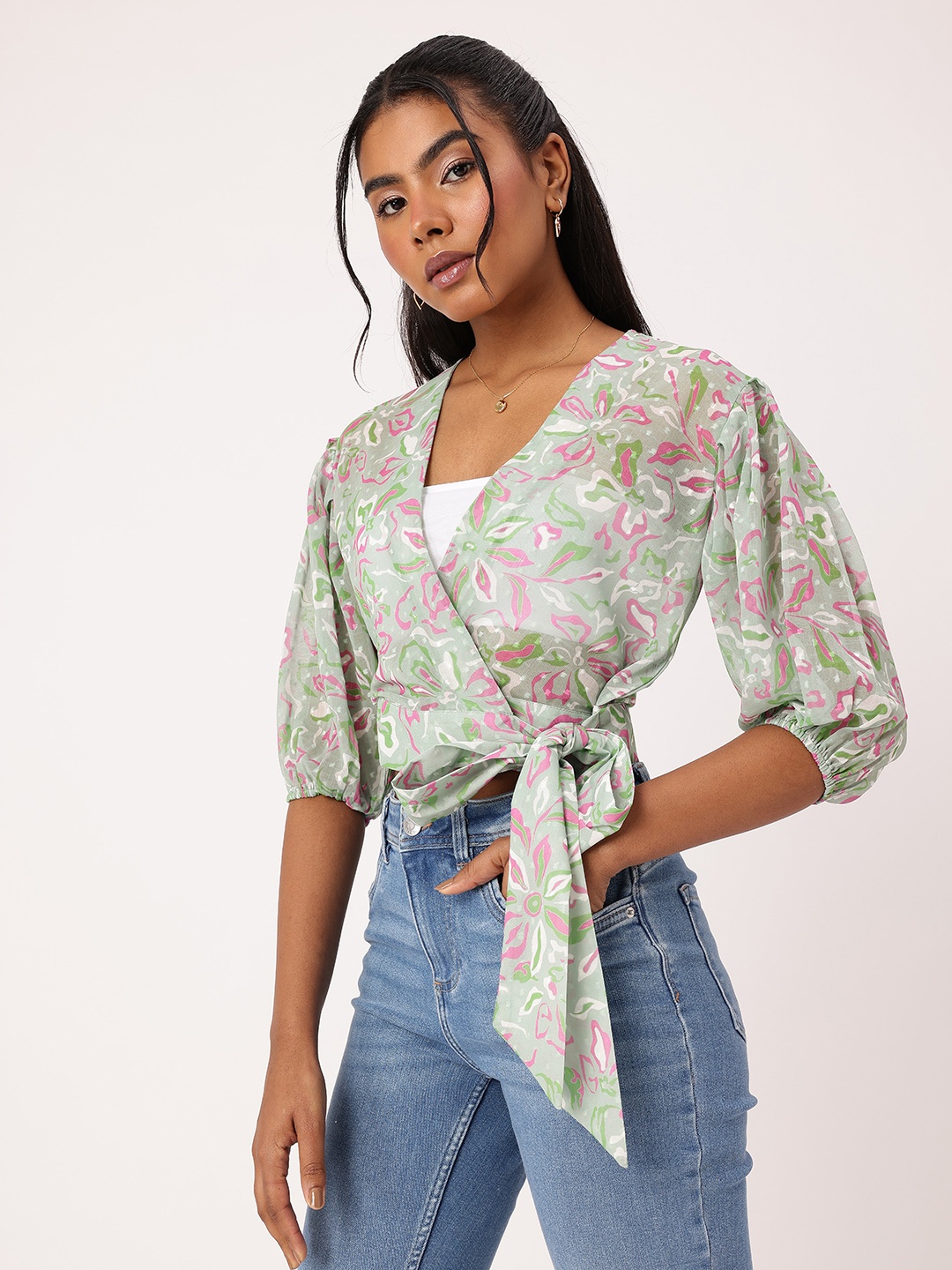 DressBerry Print Semi Sheer Crop Wrap Top With Inner Slip