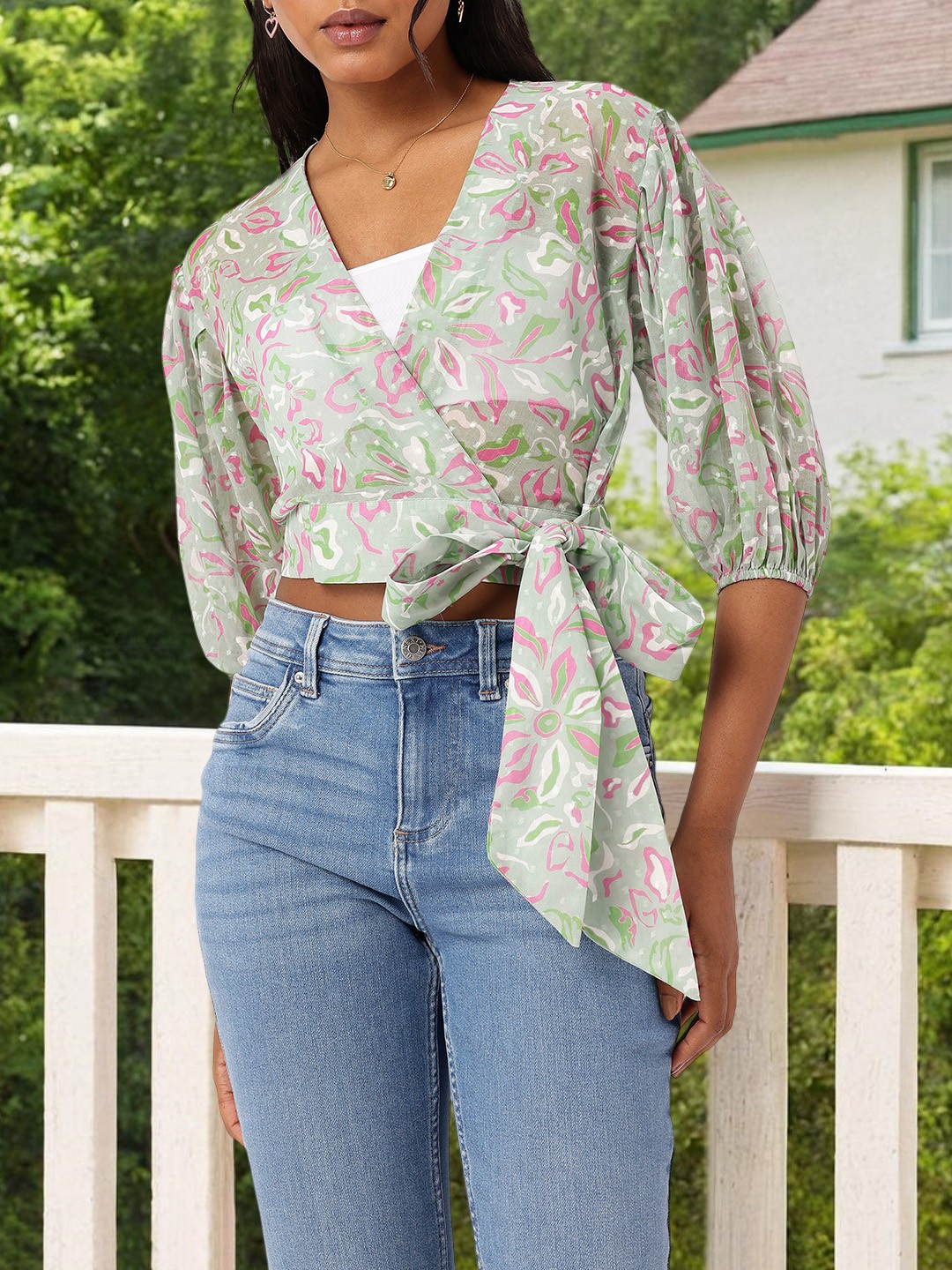 

DressBerry Trendy Blossom Print Semi Sheer Crop Wrap Top With Inner Slip, Green