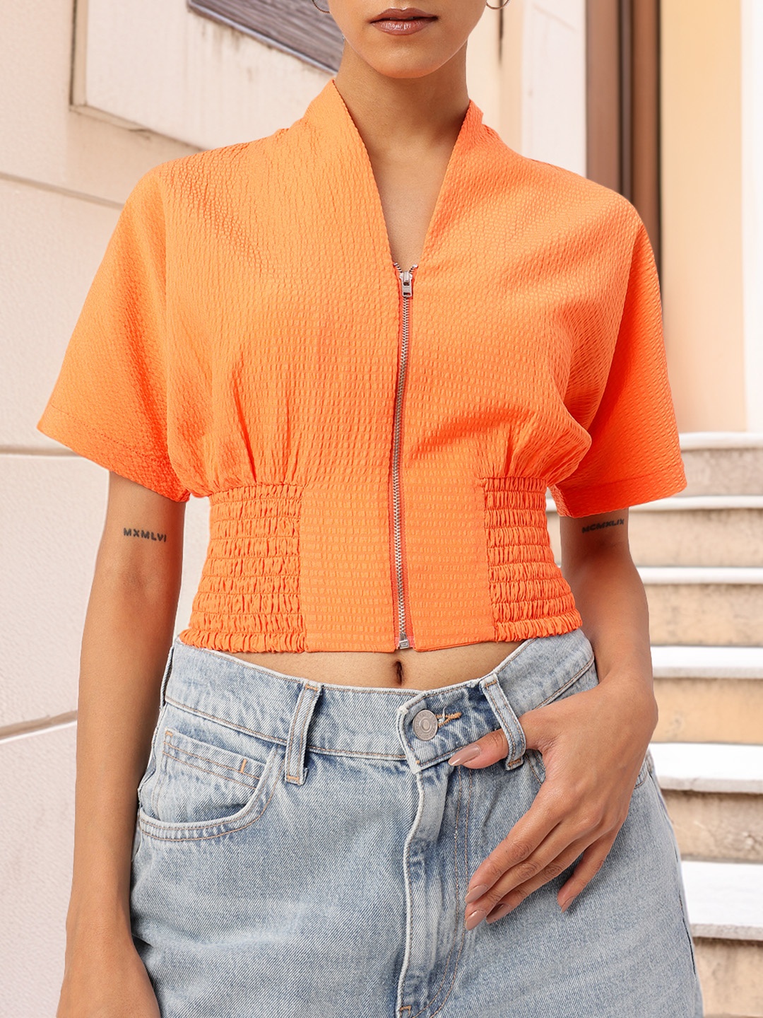 

DressBerry Holiday Vibrantly Seersucker Chic Smocked & Stylish Crop Top, Orange
