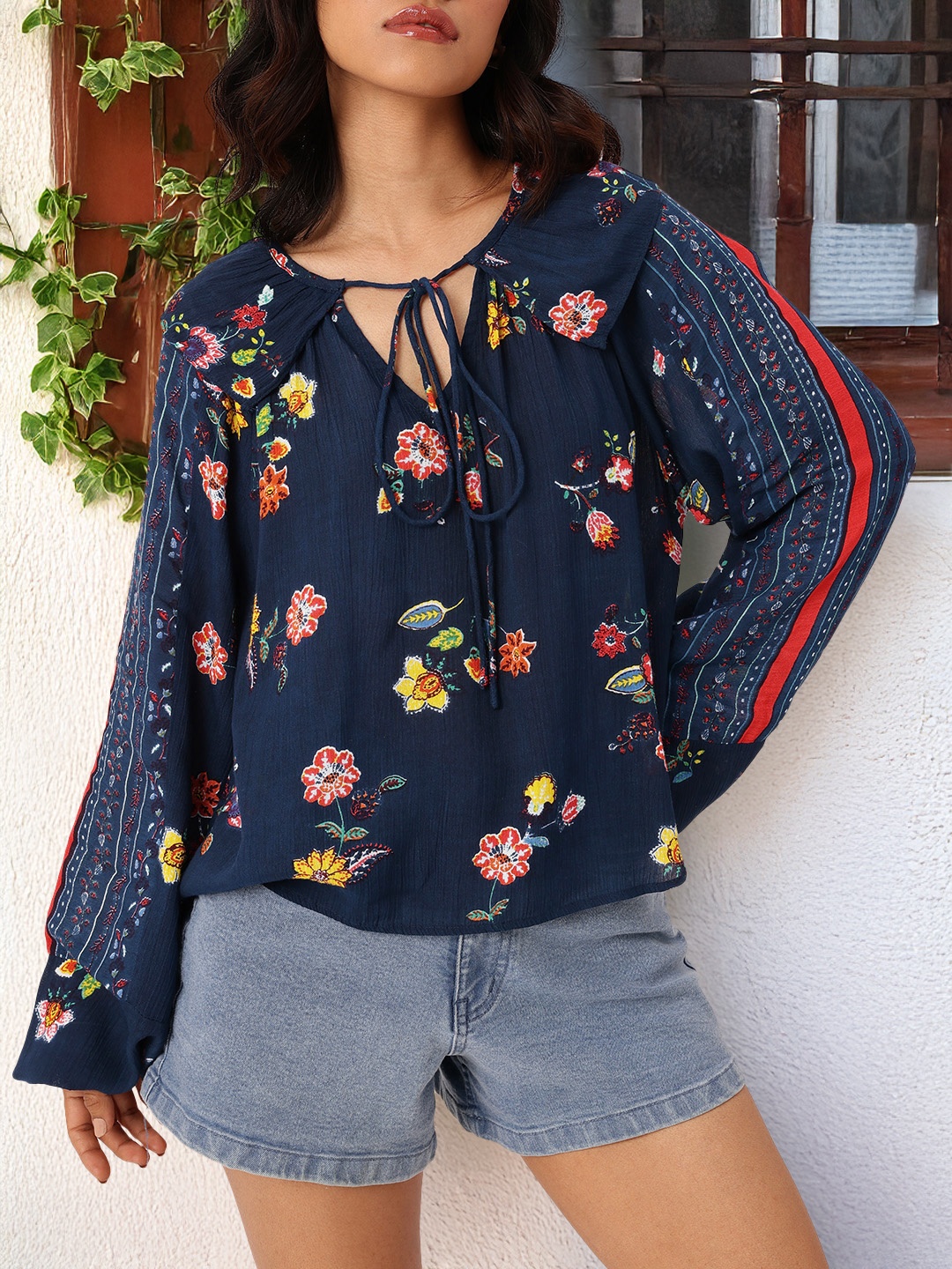 

DressBerry Chic Bloom Printed Tie-Up Neck Layered Top, Navy blue