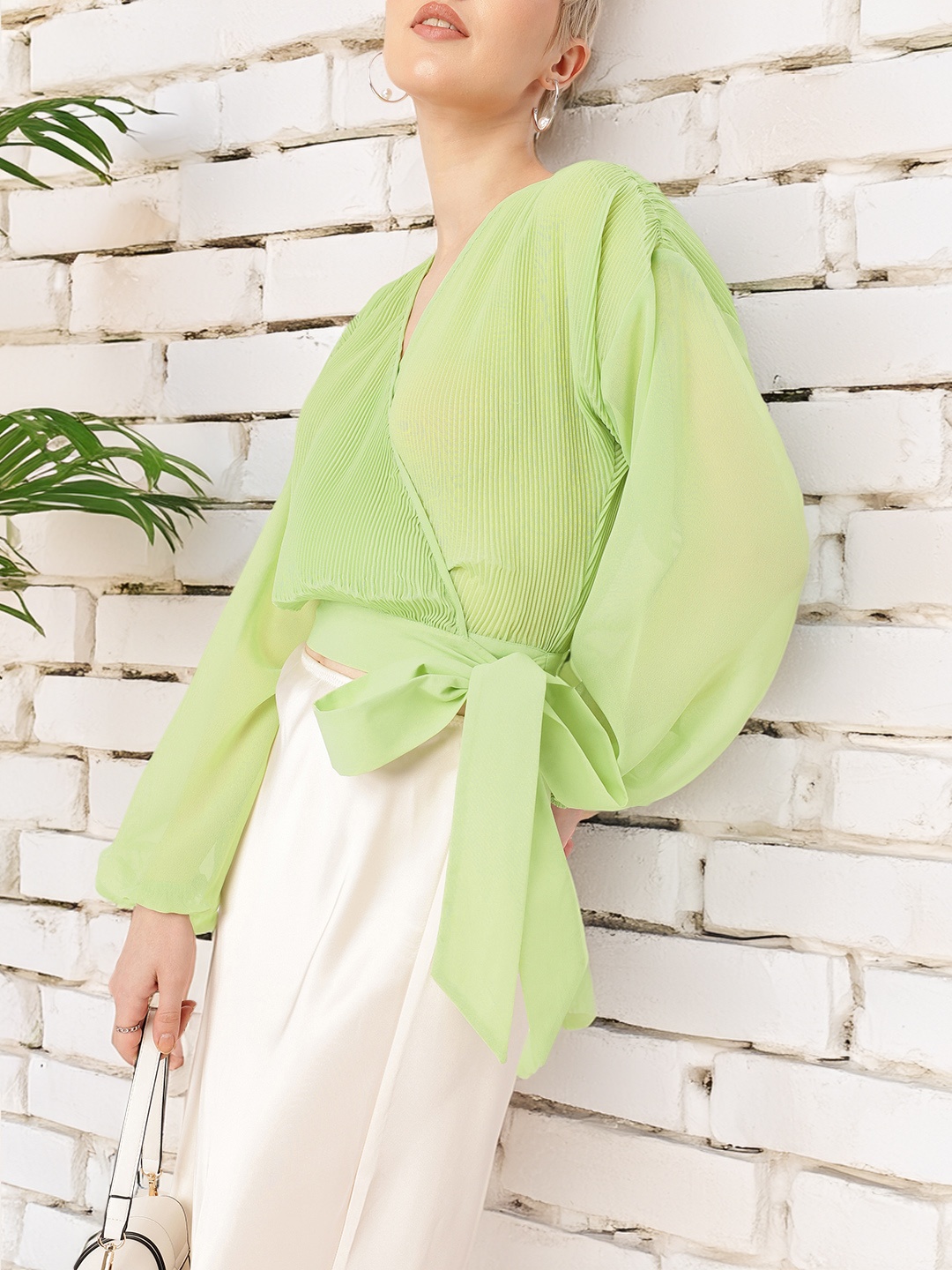 

DressBerry Feminine Glam Accordion Pleats Drop Shoulder Wrap Top, Green