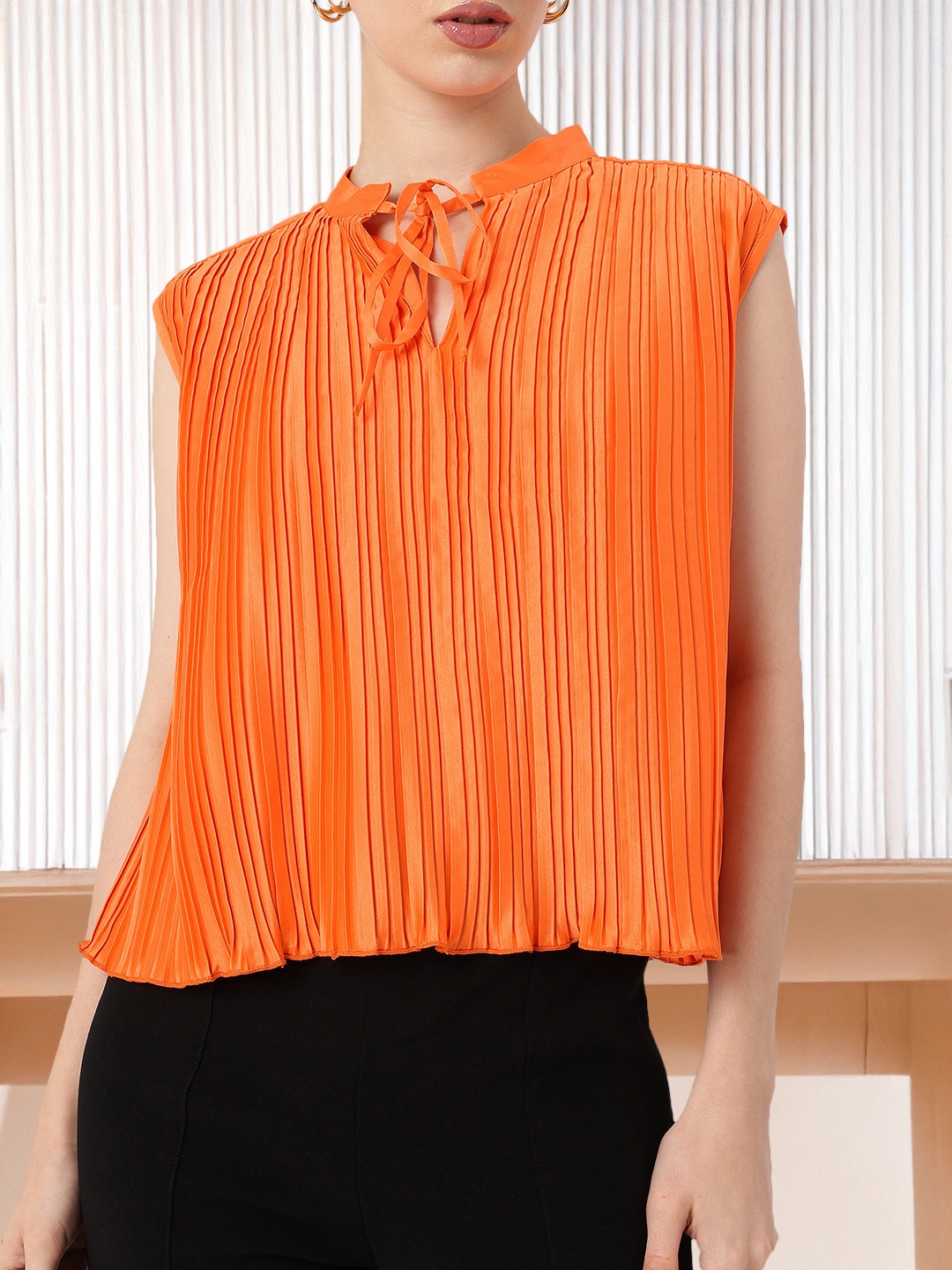

DressBerry Graceful Glamour Accordion Pleated Satin Finish A-Line Top, Orange