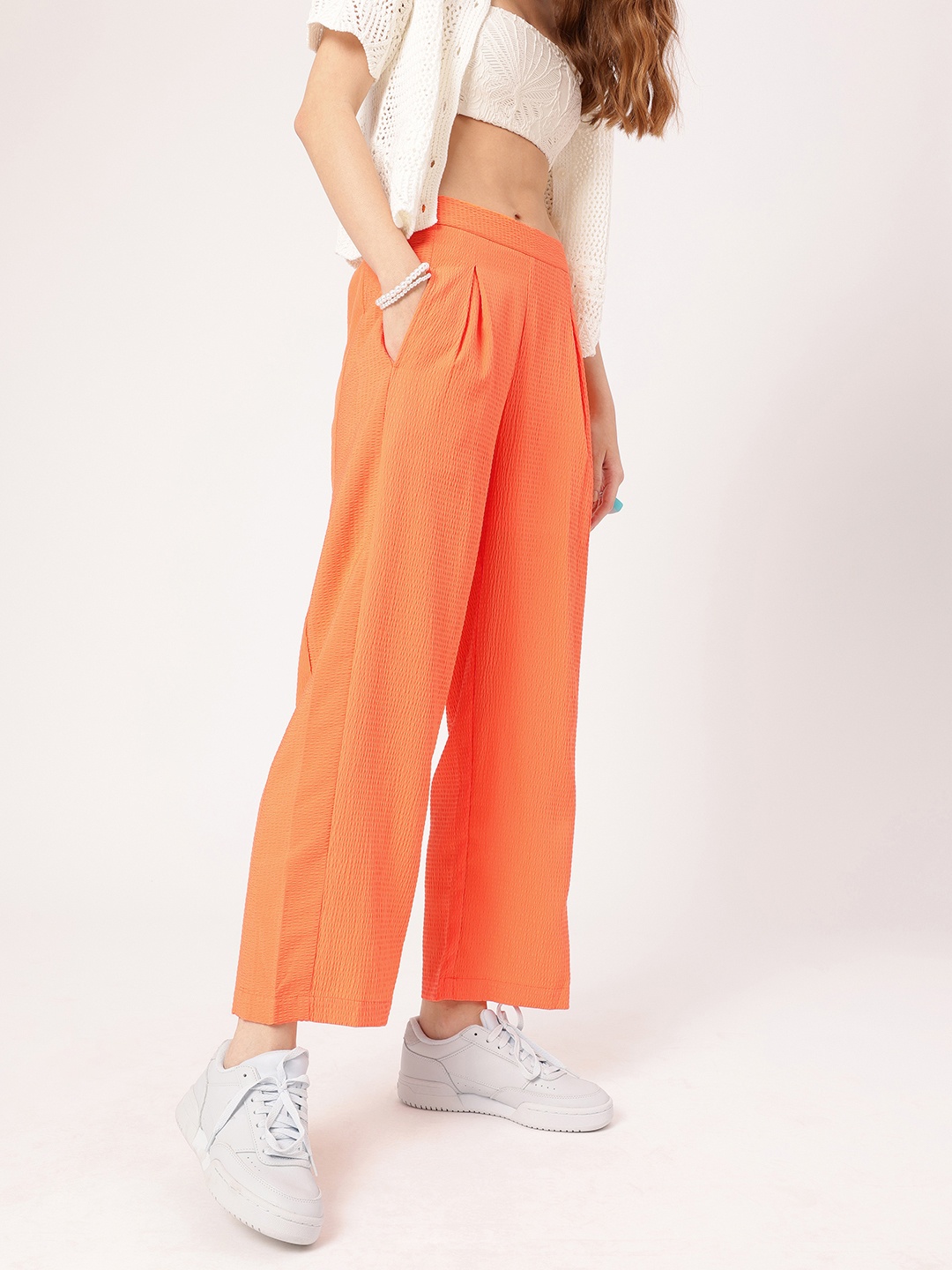 

DressBerry Women Cottage Escape Seersucker Pleated Trousers, Orange