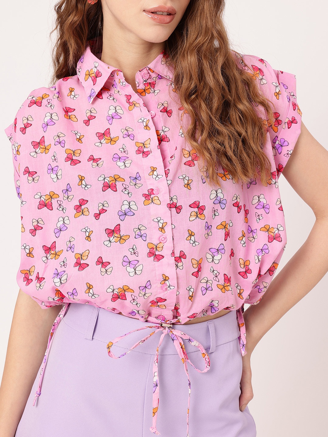 

DressBerry Whimsy Fly Printed Shirt Style Crop Top, Pink