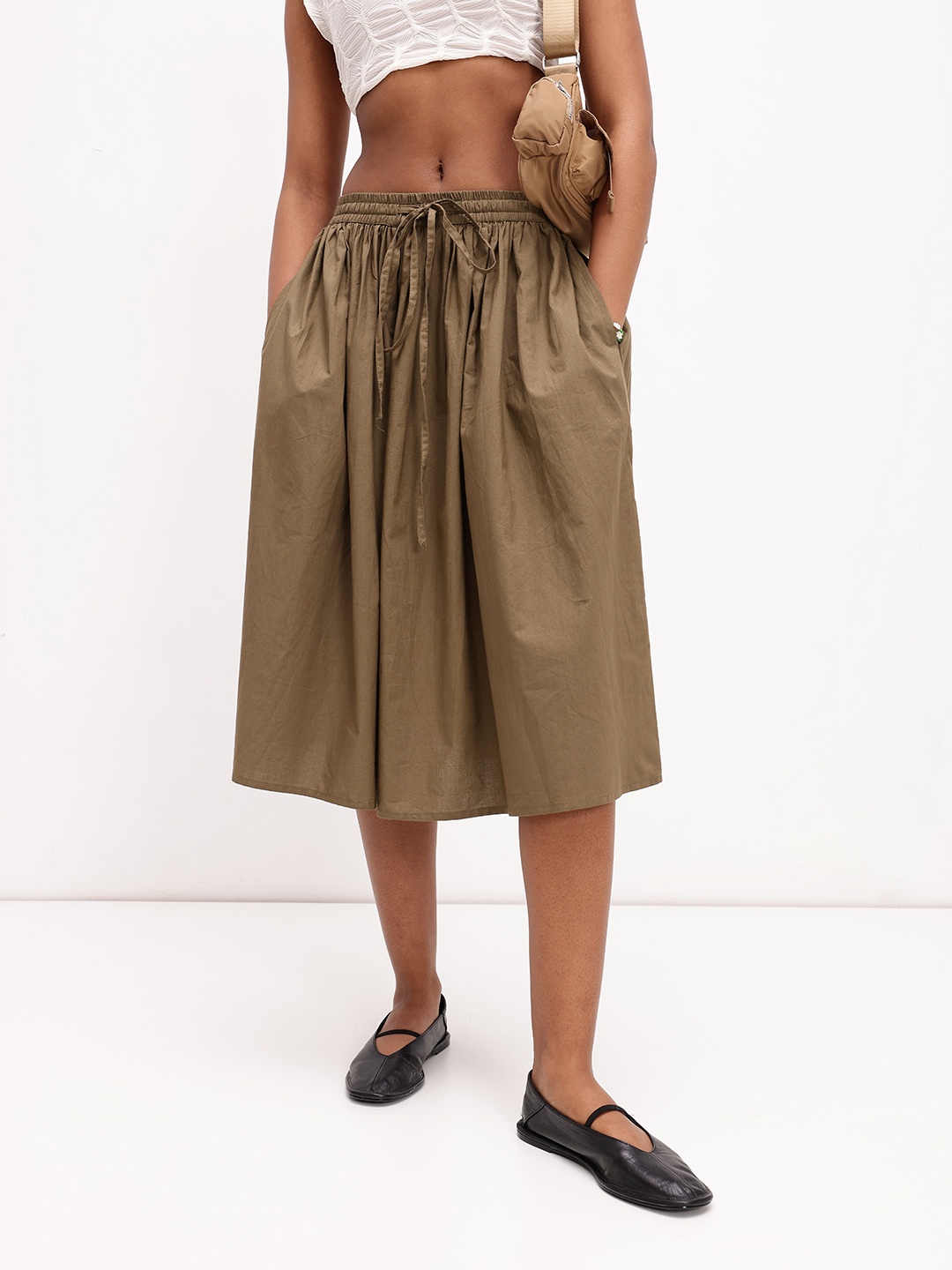 

DressBerry Hazel Gathered A-line Midi Skirt, Brown