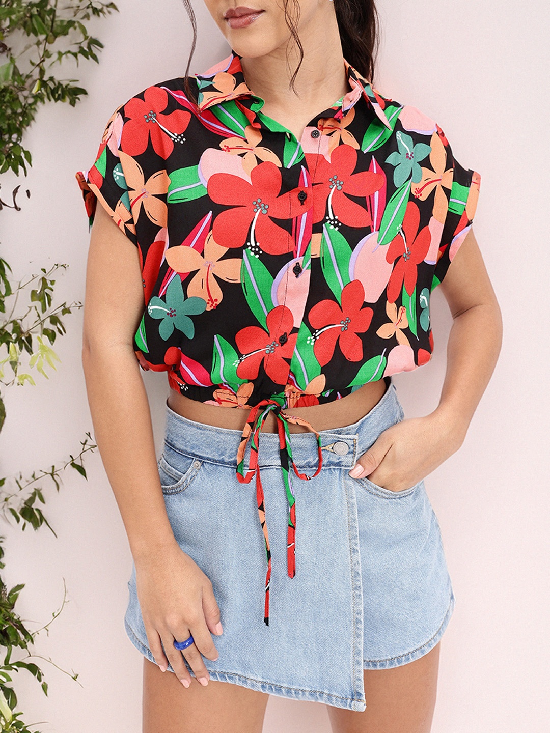 

DressBerry Keep Blooming Floral Printed Shirt Style Crop Top, Multi