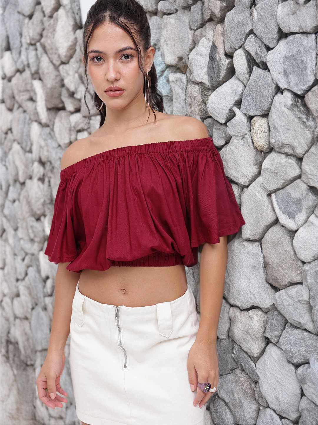 

DressBerry Rich Warm Off Shoulder Crop Top, Maroon