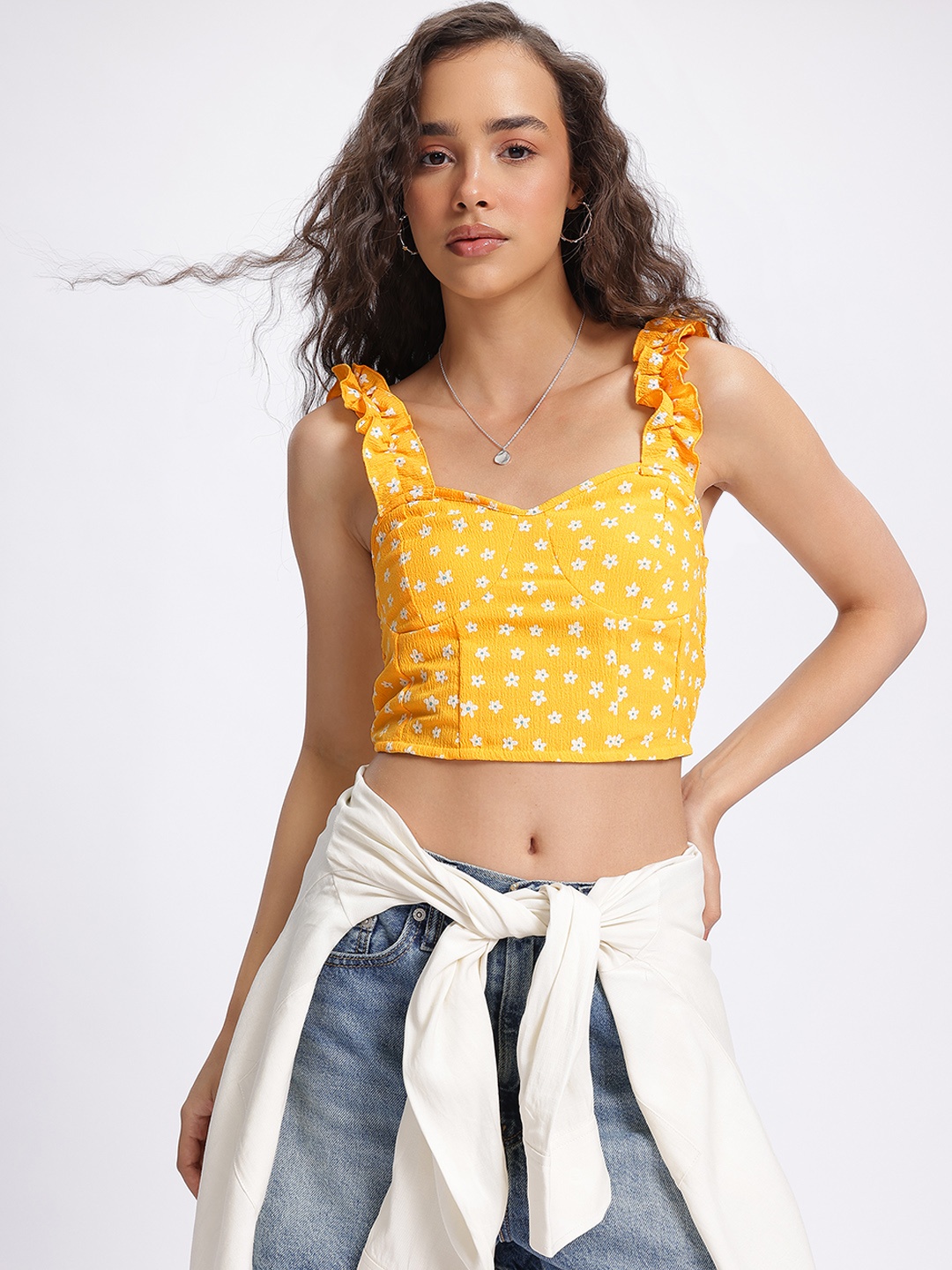 

DressBerry Fresh Vibe Printed Smocked Fitted Crop Top, Yellow