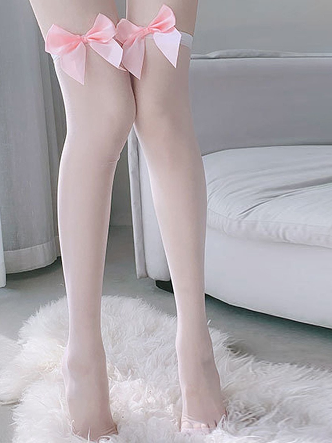 

LULU & SKY Bow-Detail Thigh-High Stretchable Stockings, Pink