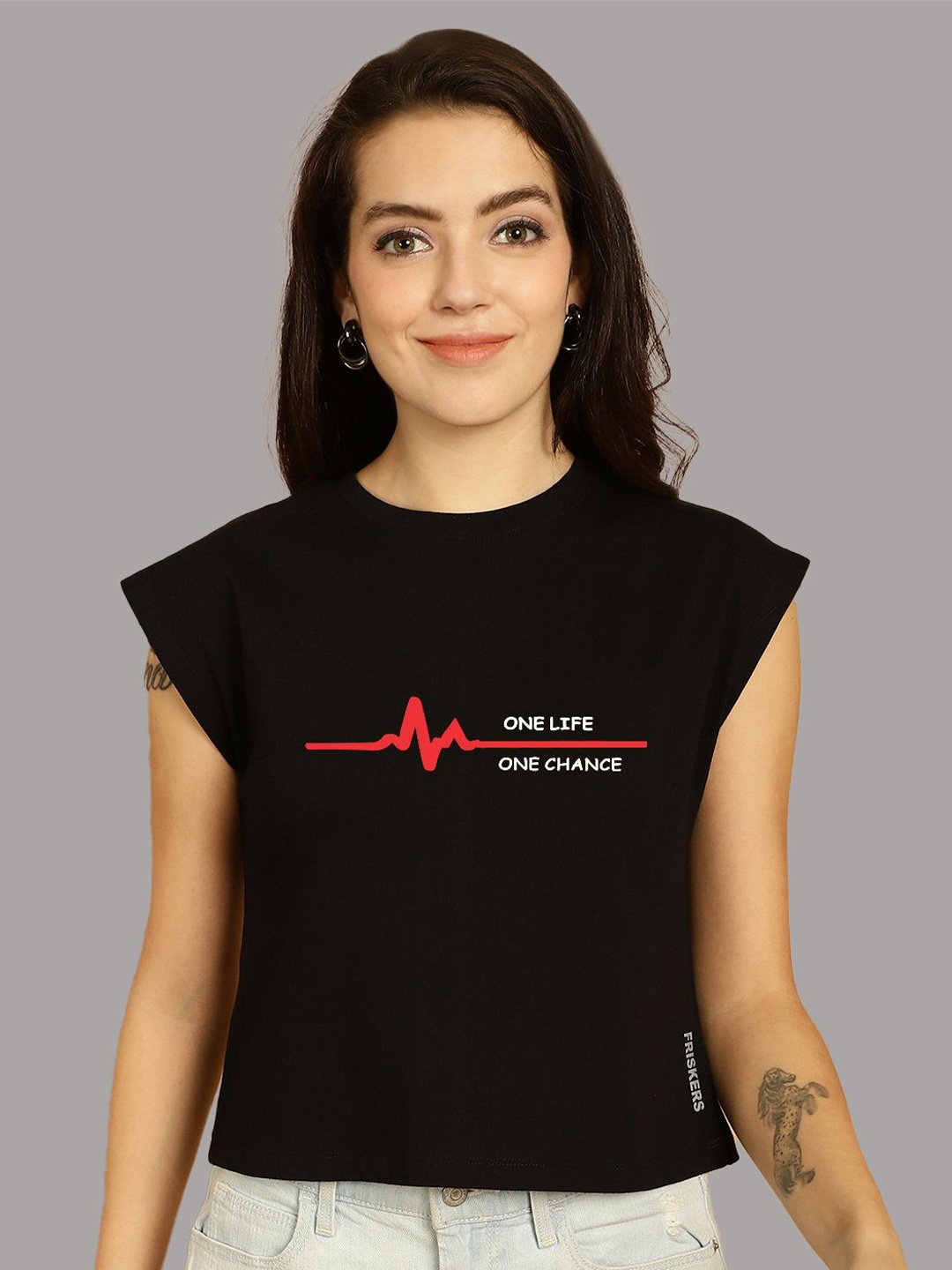 Friskers Typography Printed Extended Sleeves Pure Cotton Crop T-shirt, Black