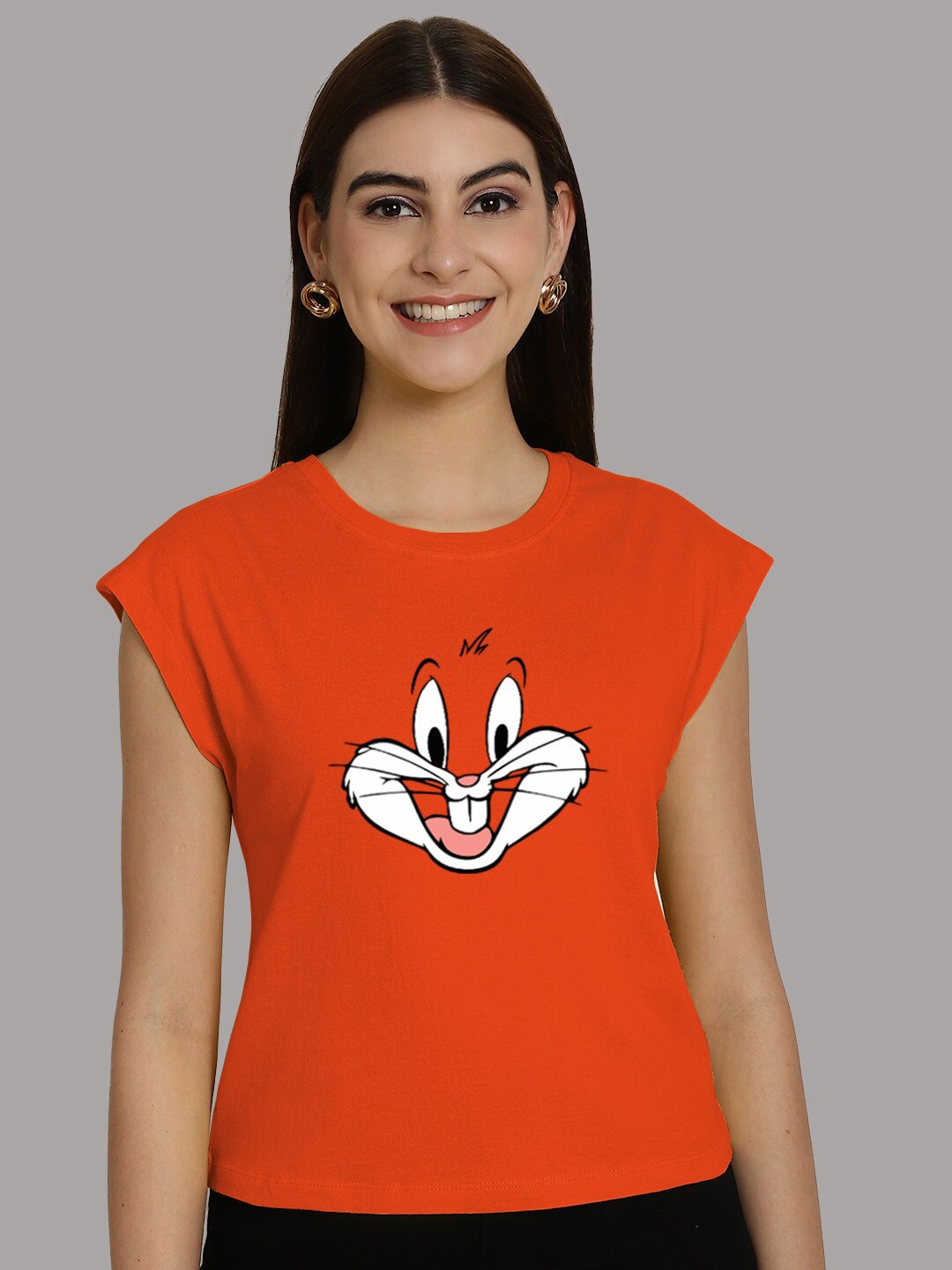 

Friskers Rabbit Printed Extended Sleeves Pure Cotton Crop T-shirt, Orange