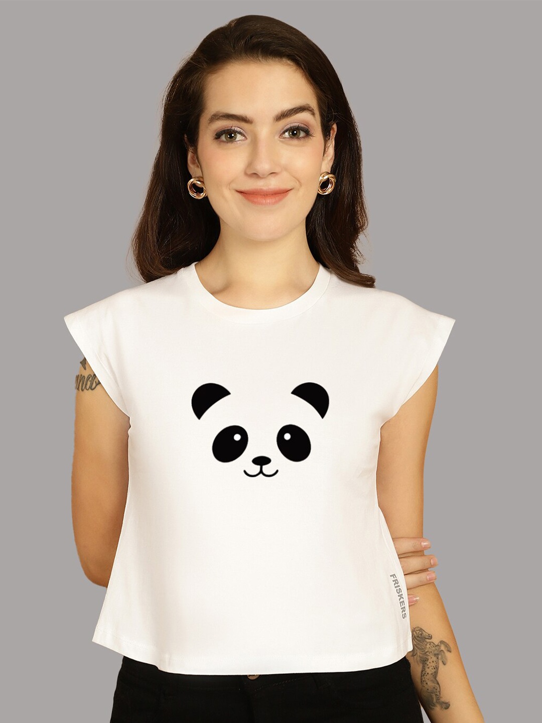 

Friskers Graphic Printed Round Neck Extended Sleeves Pure Cotton Tshirt, White