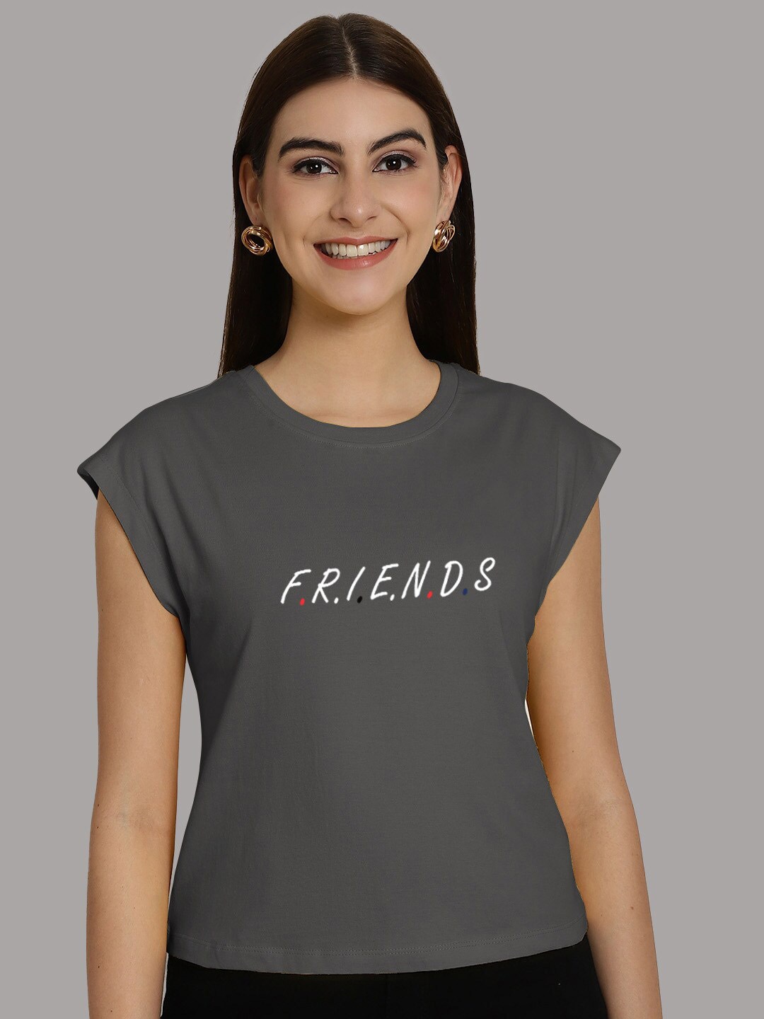 Friskers Women Typography Printed Round Neck T-shirt, Grey