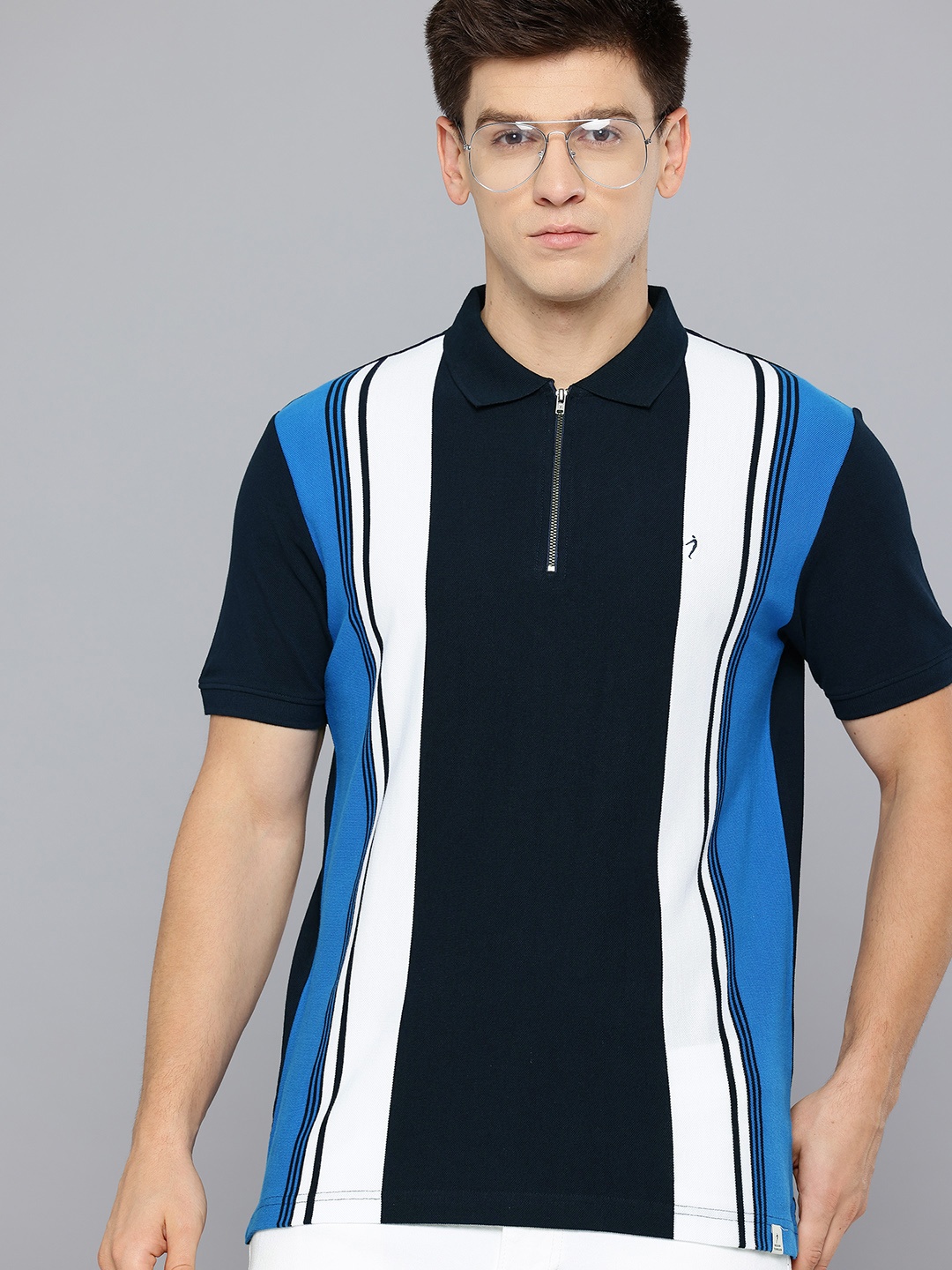 

Indian Terrain Men Striped Polo Collar Pure Cotton T-shirt, Blue