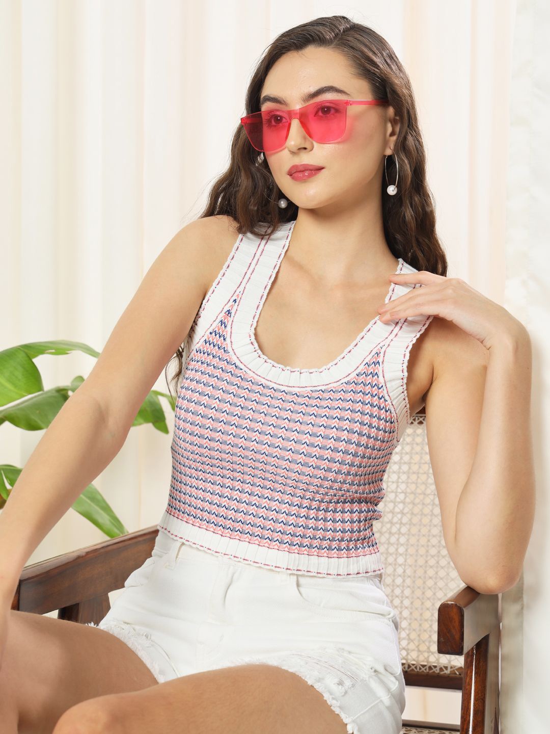 

TANDUL Self Design Scoop Neck Crop Tank Top, White