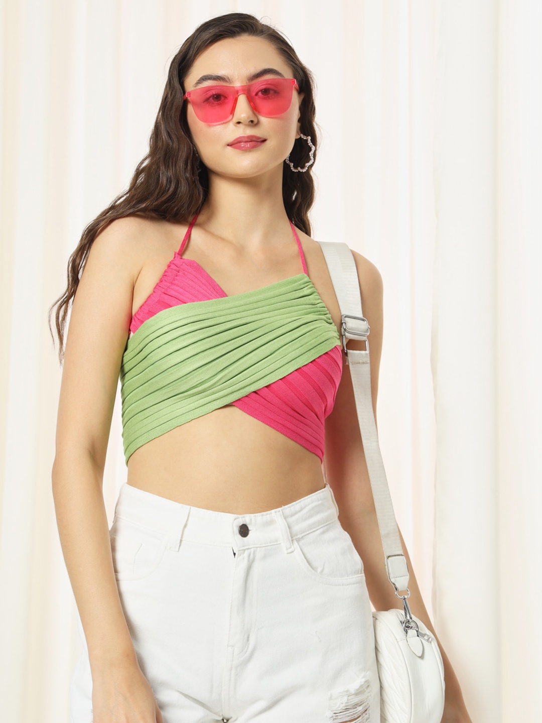 

TANDUL Colourblocked Crop Top, Green