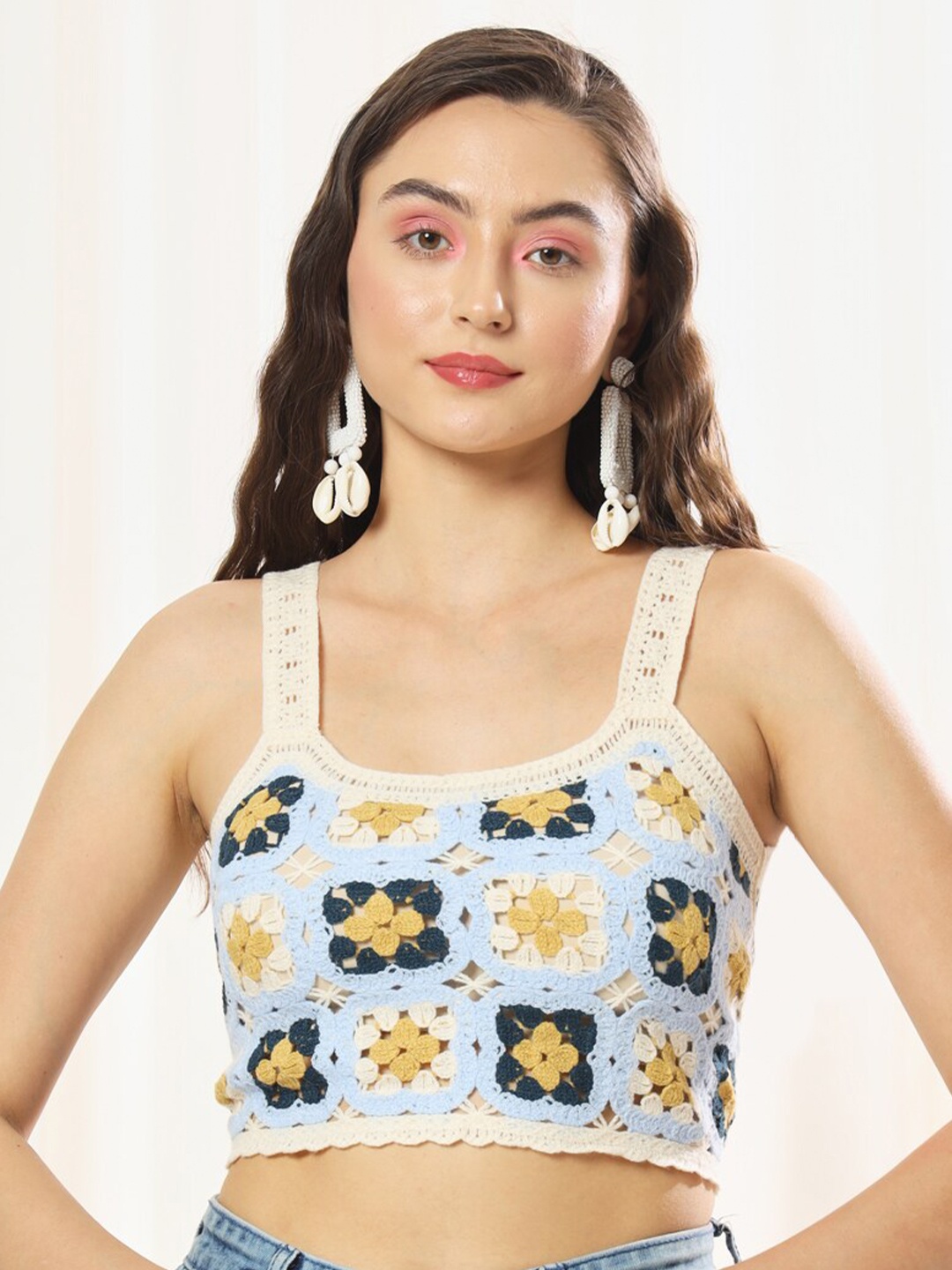 

TANDUL Printed Shoulder Straps Crop Top, White