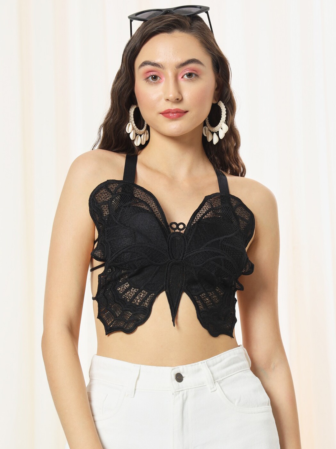 

TANDUL Self Design Shoulder Straps Bralette Crop Top, Black