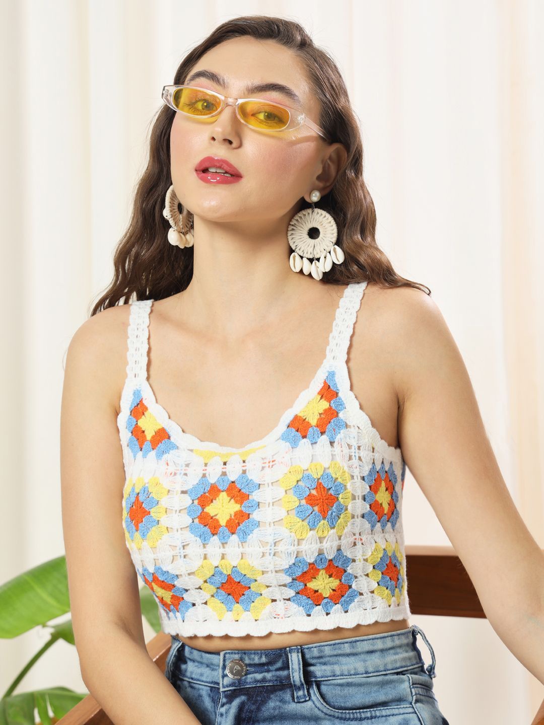 

TANDUL Self Design Shoulder Straps Crochet Bralette Crop Top, White