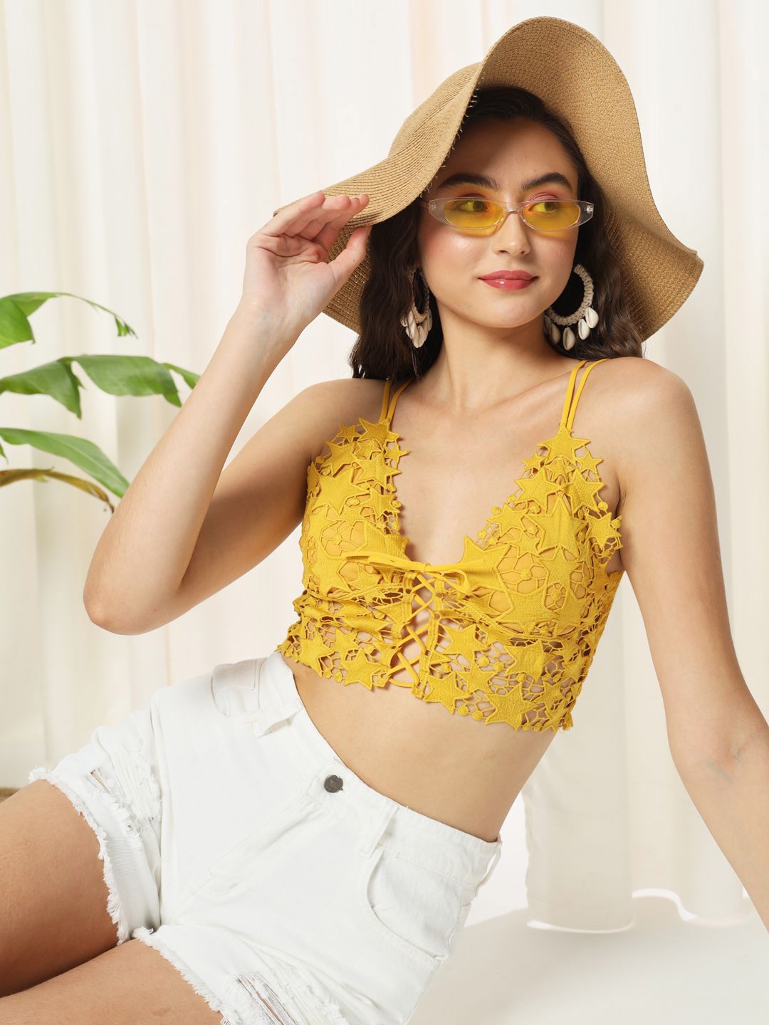 

TANDUL Floral Print Bralette Crop Top, Yellow