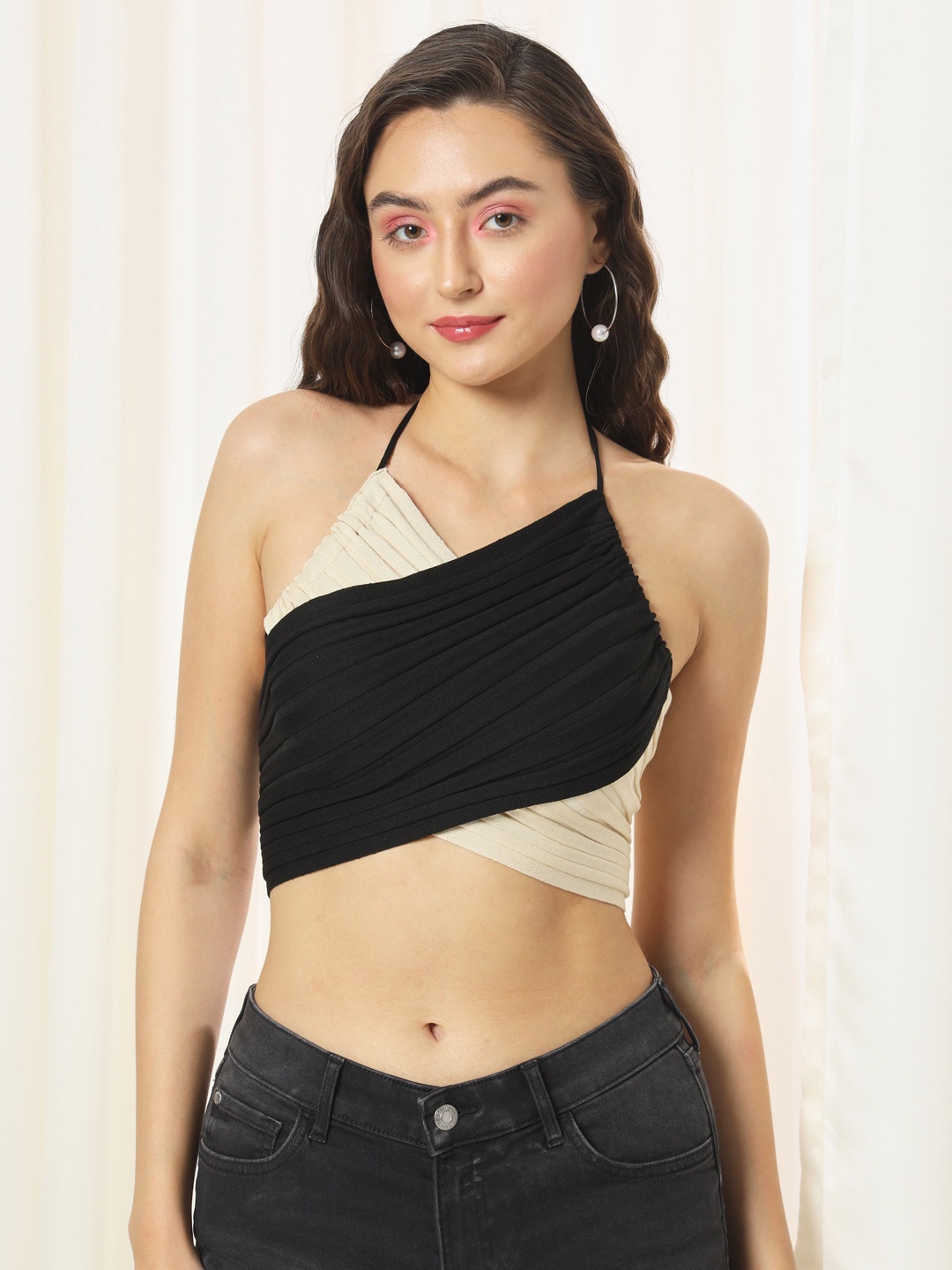 

TANDUL Striped Halter Neck Crop Top, Black