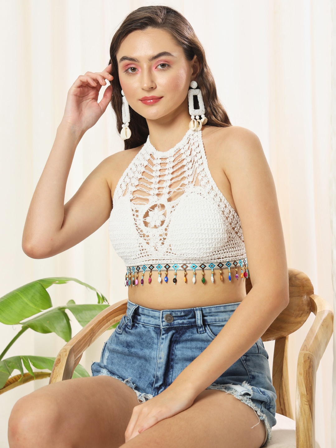 

TANDUL Self Design Halter Neck Styled Back Crop Top, White