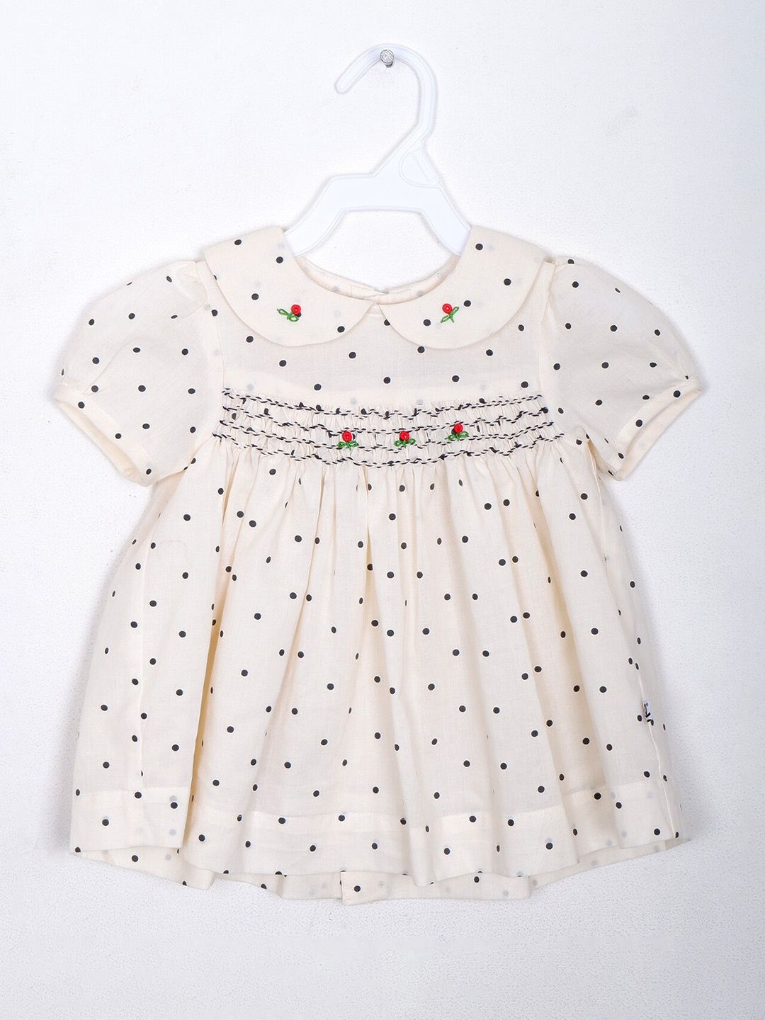 

BAESD Infants Polka Dot Print Peter Pan Collar Puff Sleeves Cotton Empire Dress, Cream