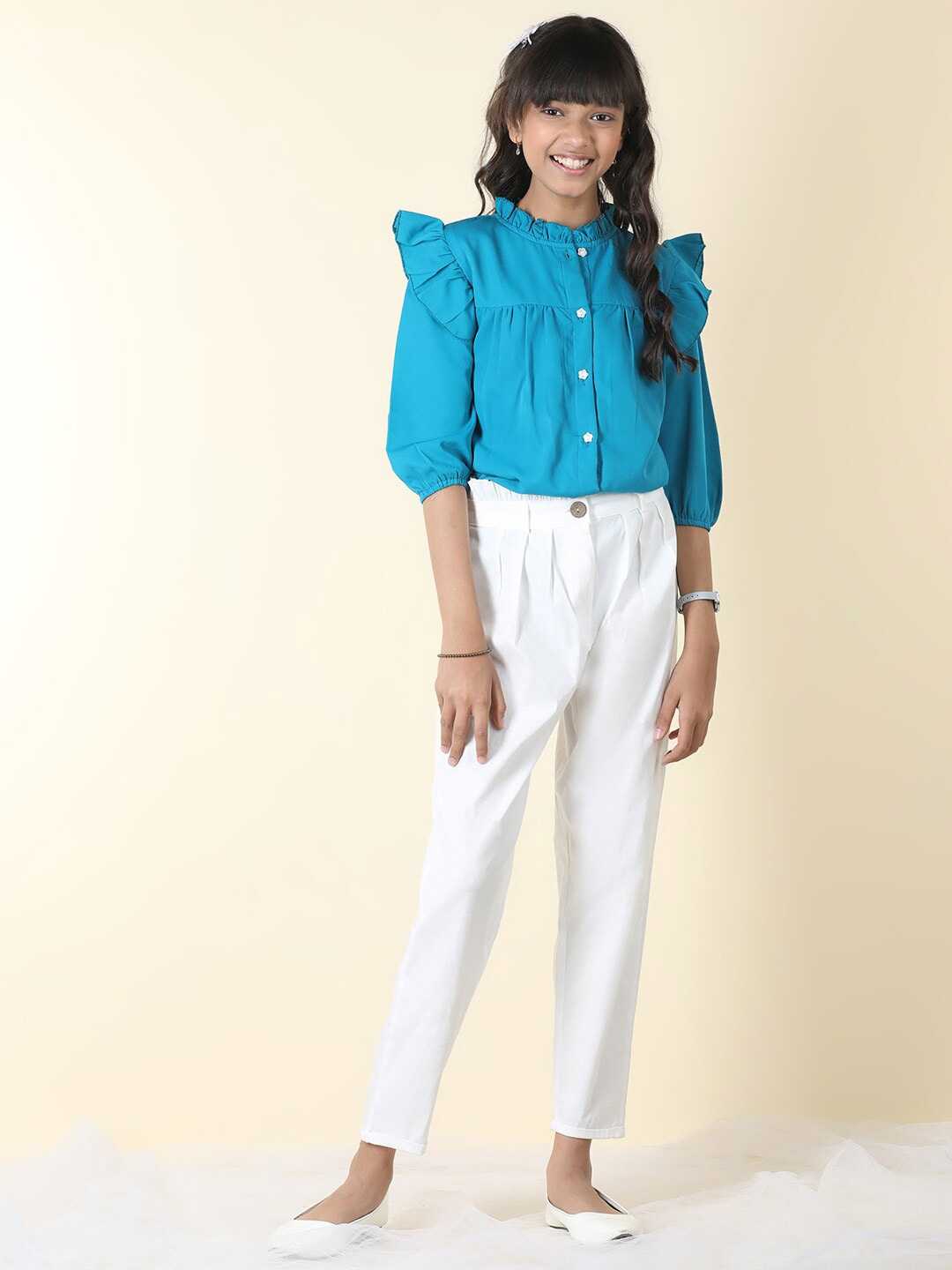 

Cutiekins Girls Mandarin Collar Top with Trousers, Blue