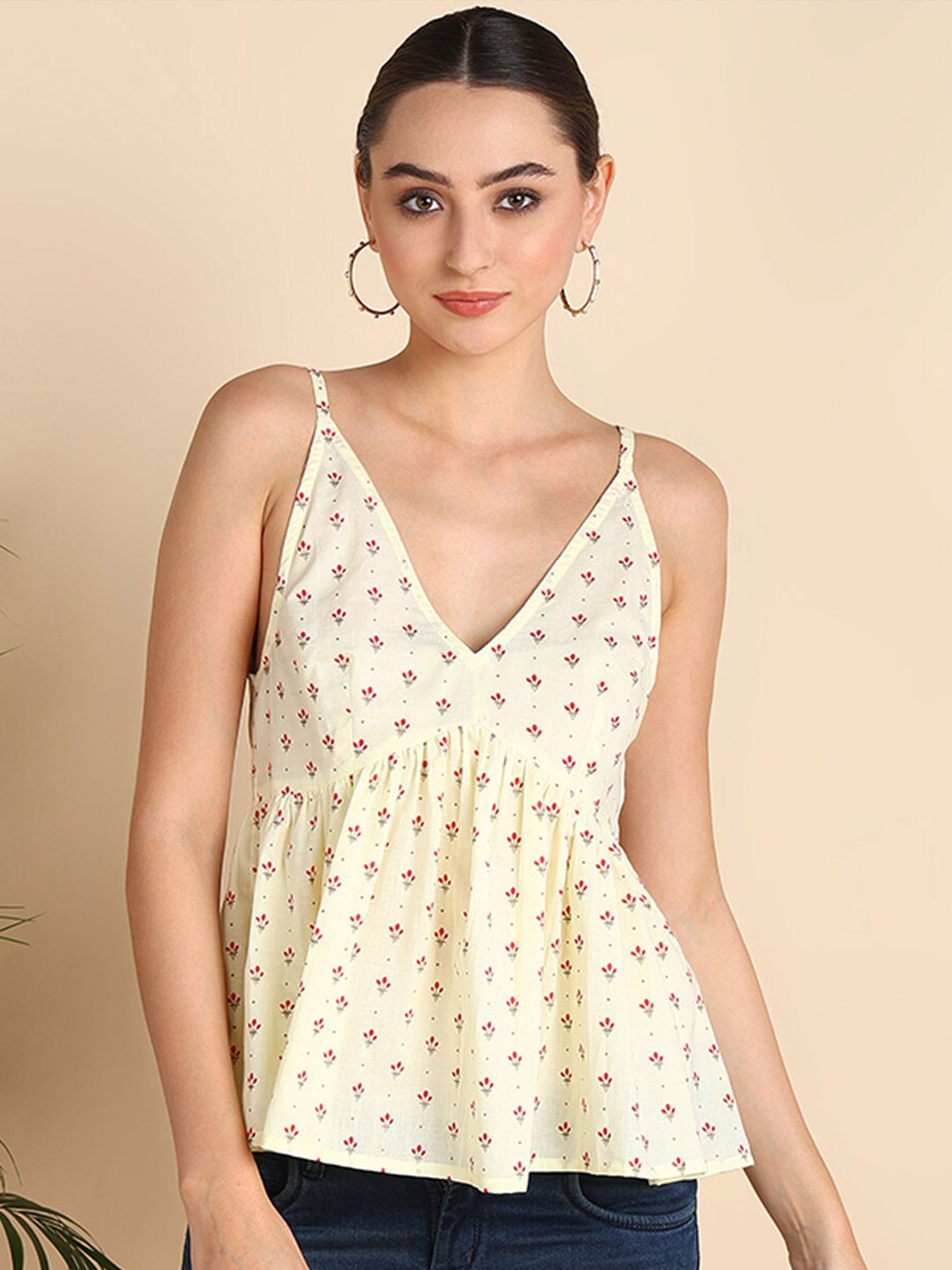 

Mast & Harbour Floral Printed Gathered And Pleated Sleeveless Peplum Top, Yellow