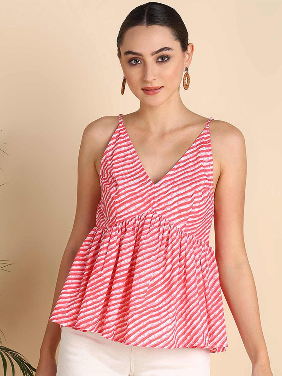

Mast & Harbour Leheriya Printed V-Neck Pure Cotton Sleeveless Tops, Peach