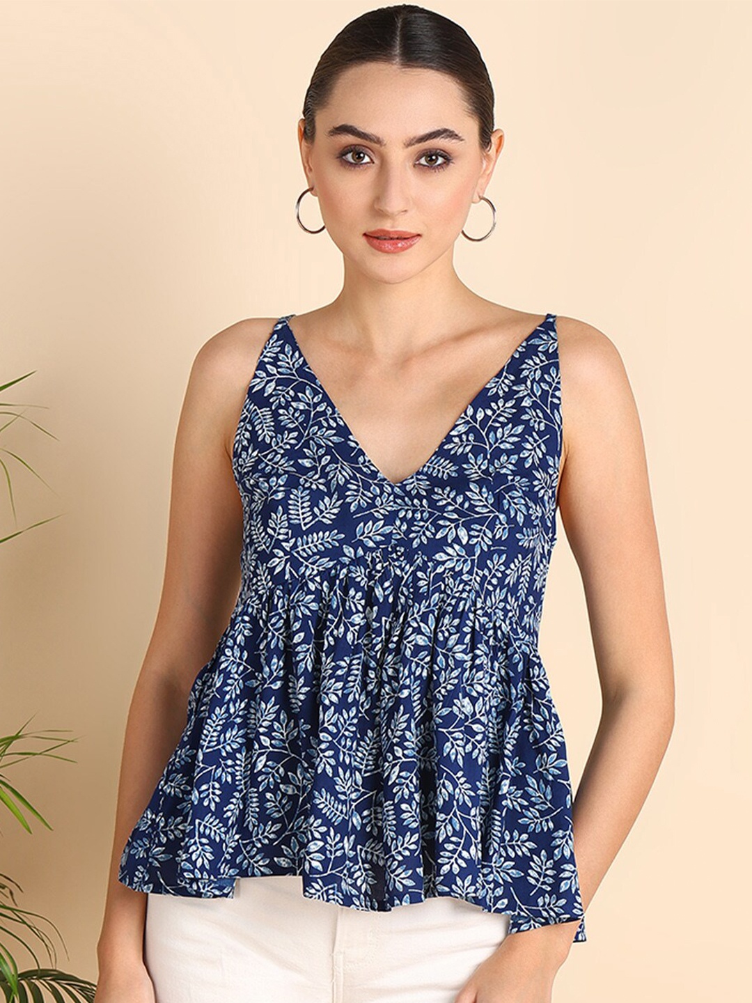 

Mast & Harbour Tropical Printed Gathered And Pleated Sleeveless Peplum Top, Blue