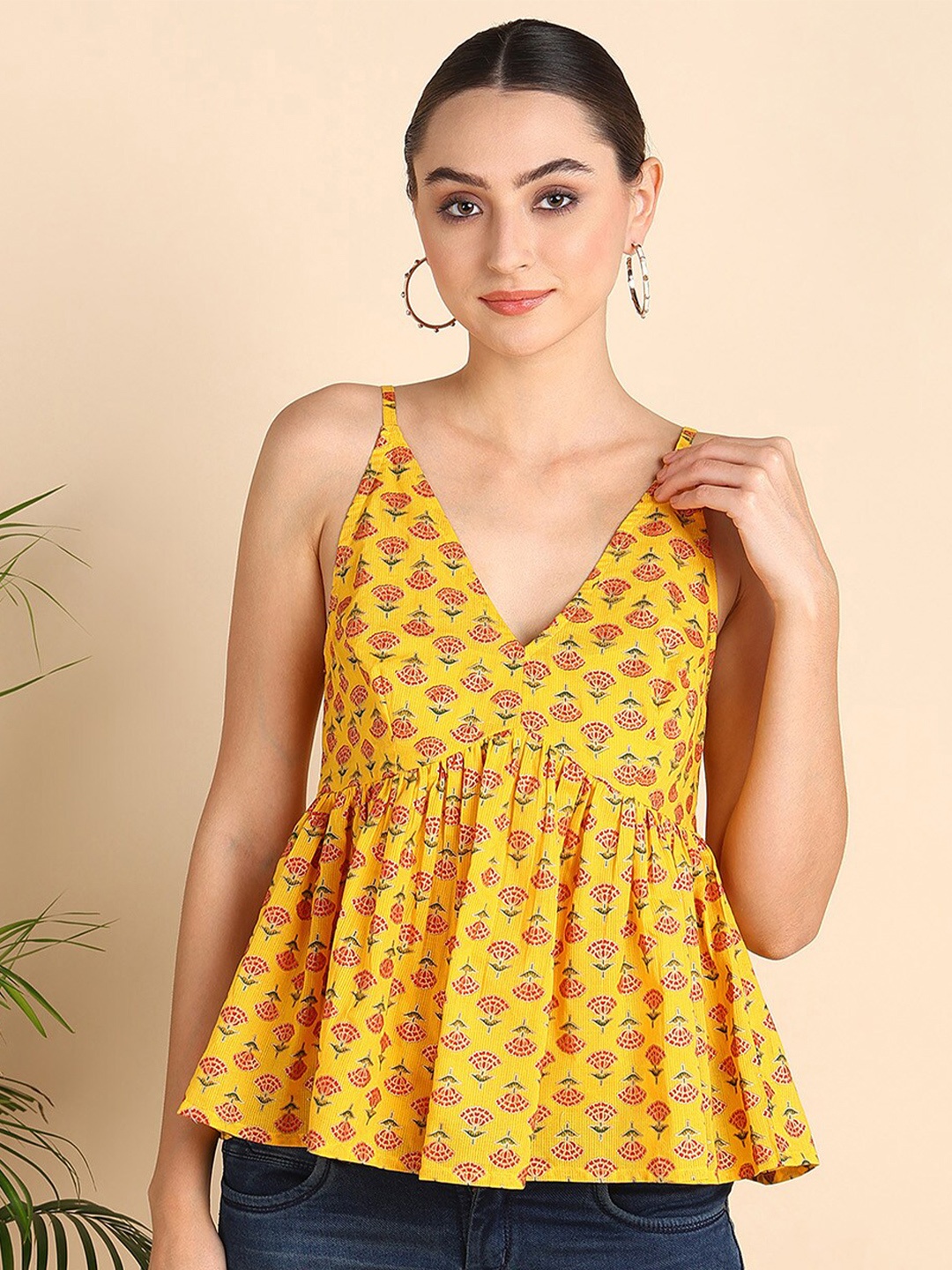 

Mast & Harbour Floral Printed Gathered And Pleated Sleeveless Peplum Top, Yellow