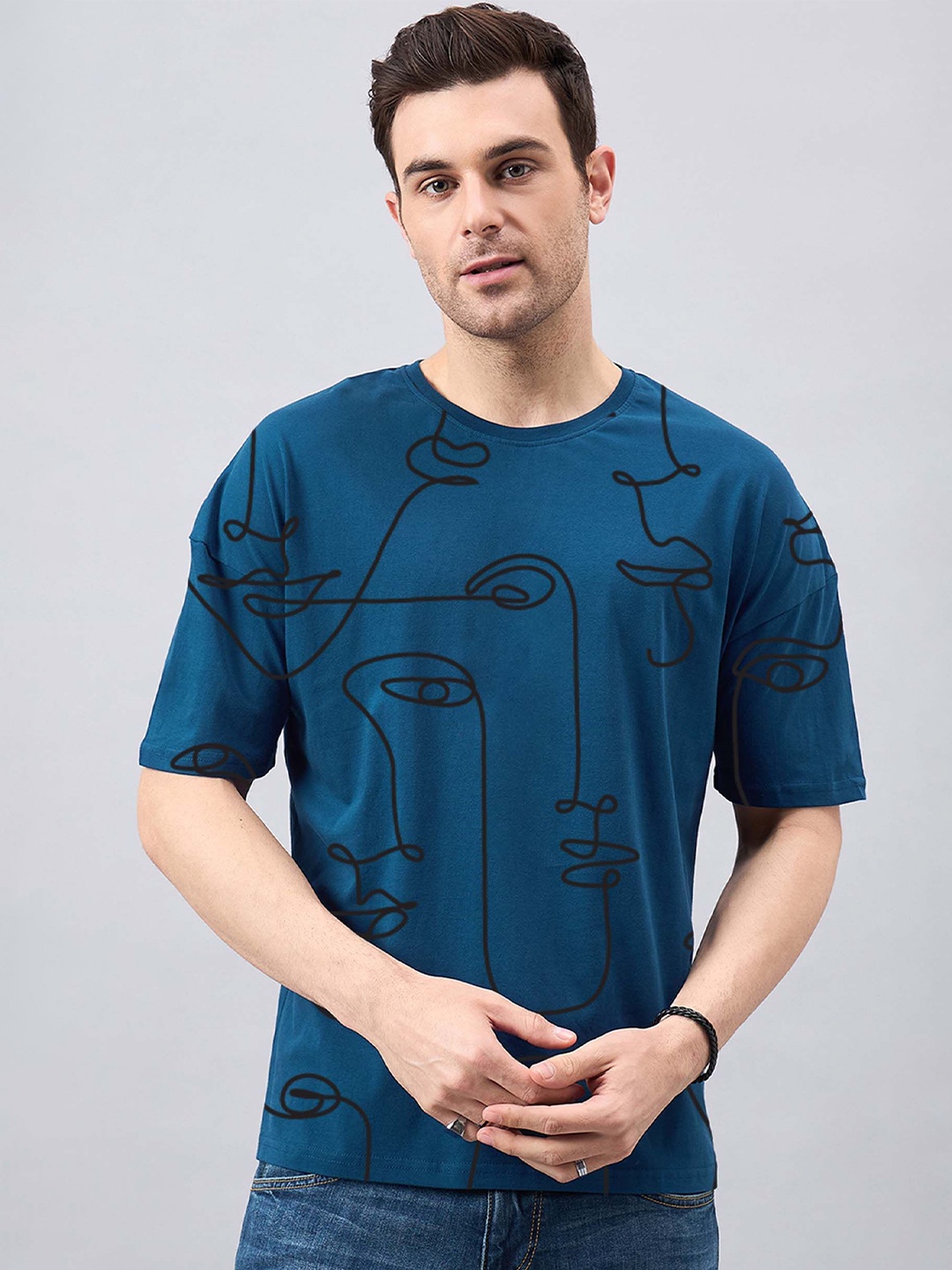 

GESPO Printed Round Neck Short Sleeves Cotton T-shirt, Teal