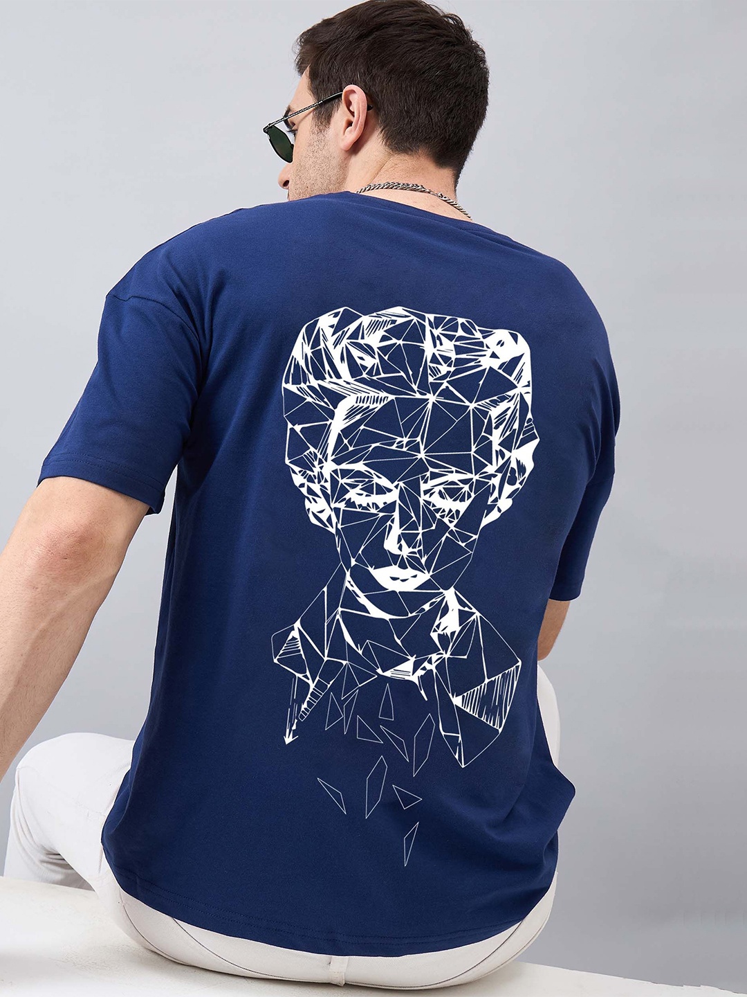 

GESPO Printed Oversized Cotton T-shirt, Blue