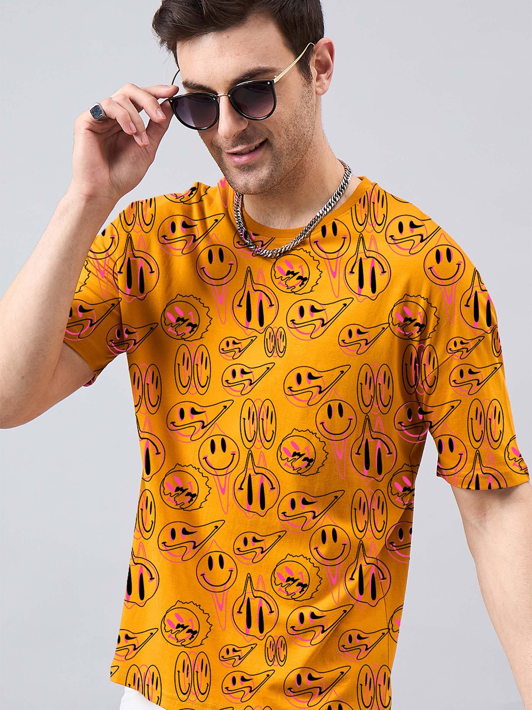 

GESPO Conversational Printed Oversized Cotton T-shirt, Mustard