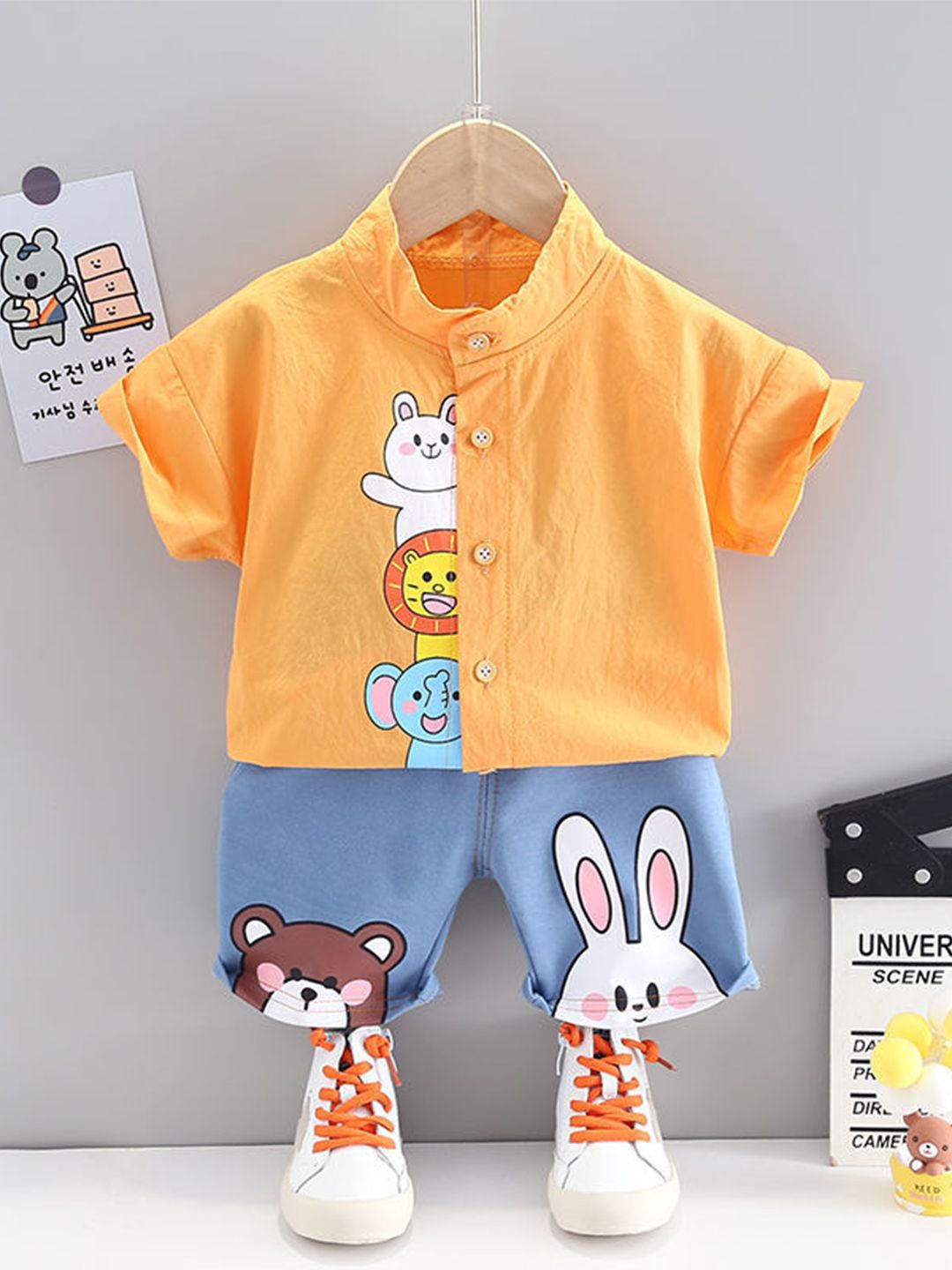 

Bold N Elegant Boys Printed Mandarin Collar Shirt with Shorts, Orange