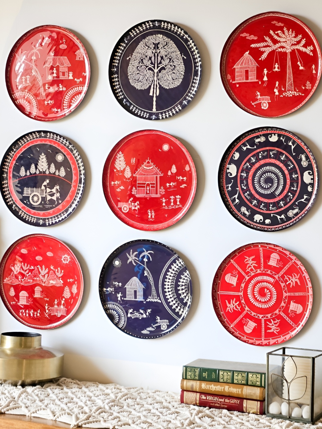 

RITUALISTICM Red & Black 9 Pcs Enamal Printed Ceramic Wall Decor Plate