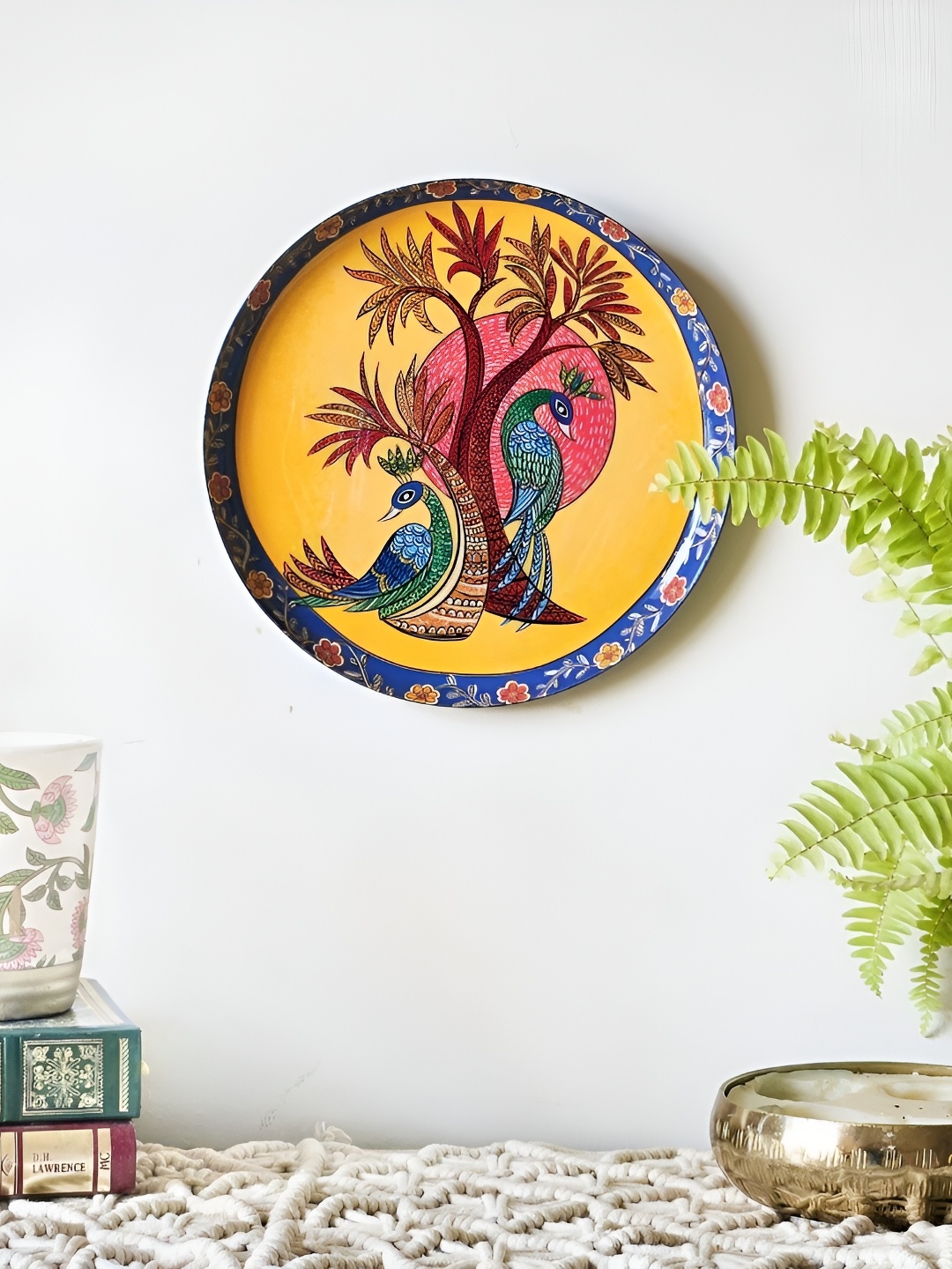 

Ritualistic Yellow & Blue Printed Ceramic Gondh Decore Wall Plate