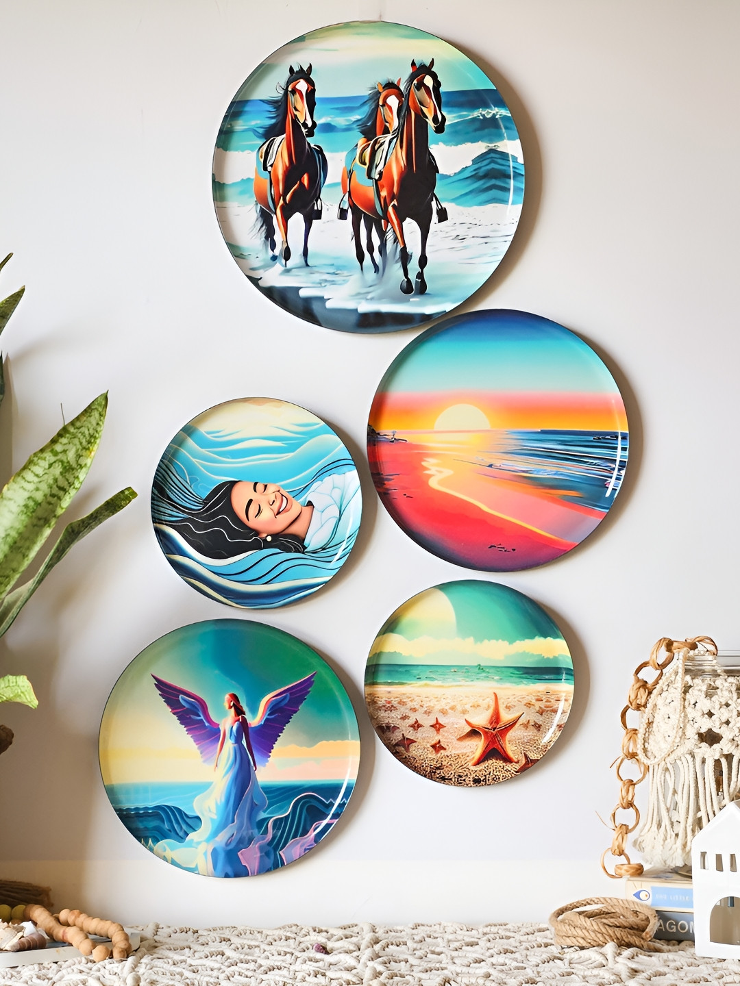 

Ritualistic Blue & White 5 Pieces Printed Indian Ocean Metal Decor Wall Plates